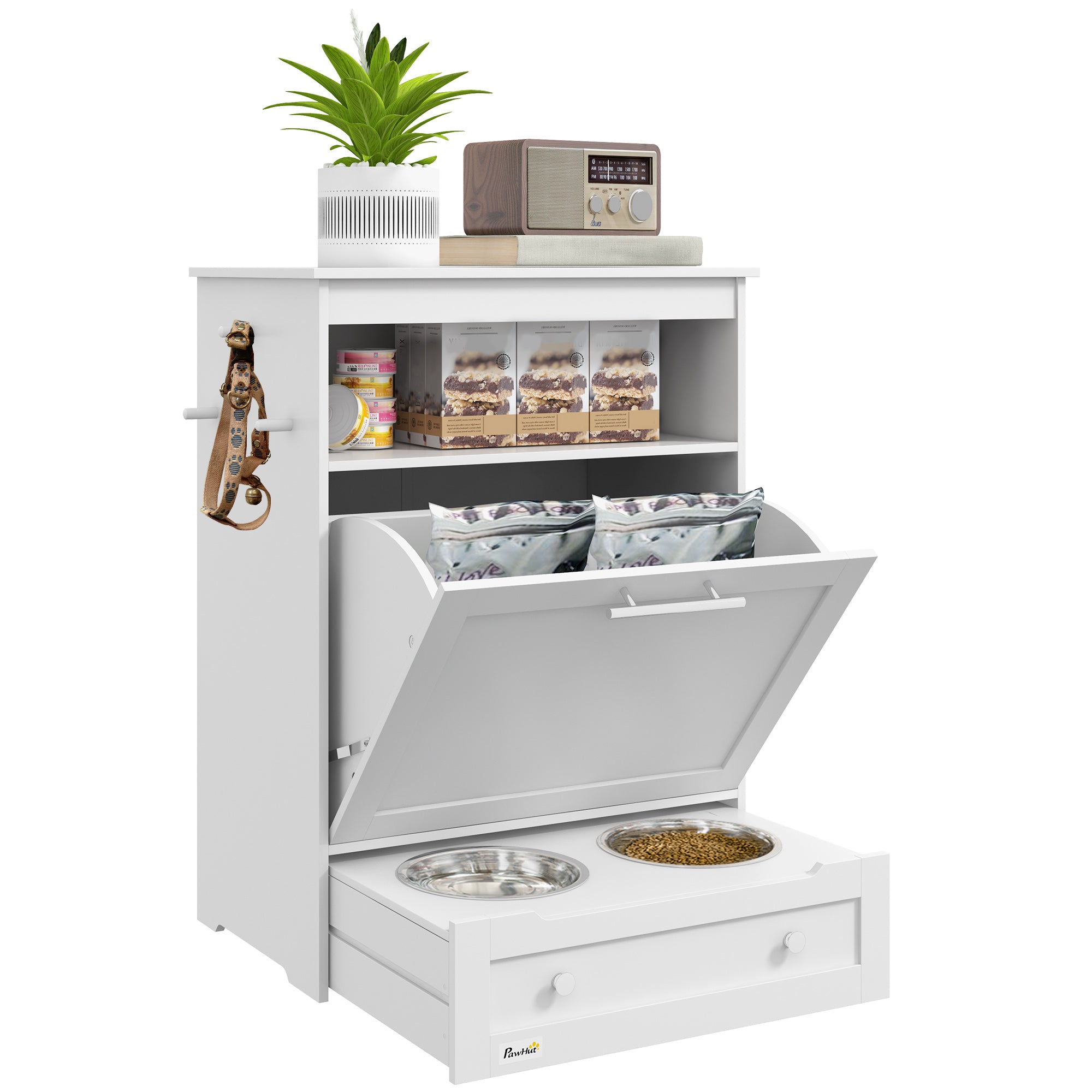 PawHut Dog Feeding Station, Dog Food Storage Pet Feeder Cabinet Container with Dog Raised Bowls and Hanger for Feeding & Watering Supplies, White