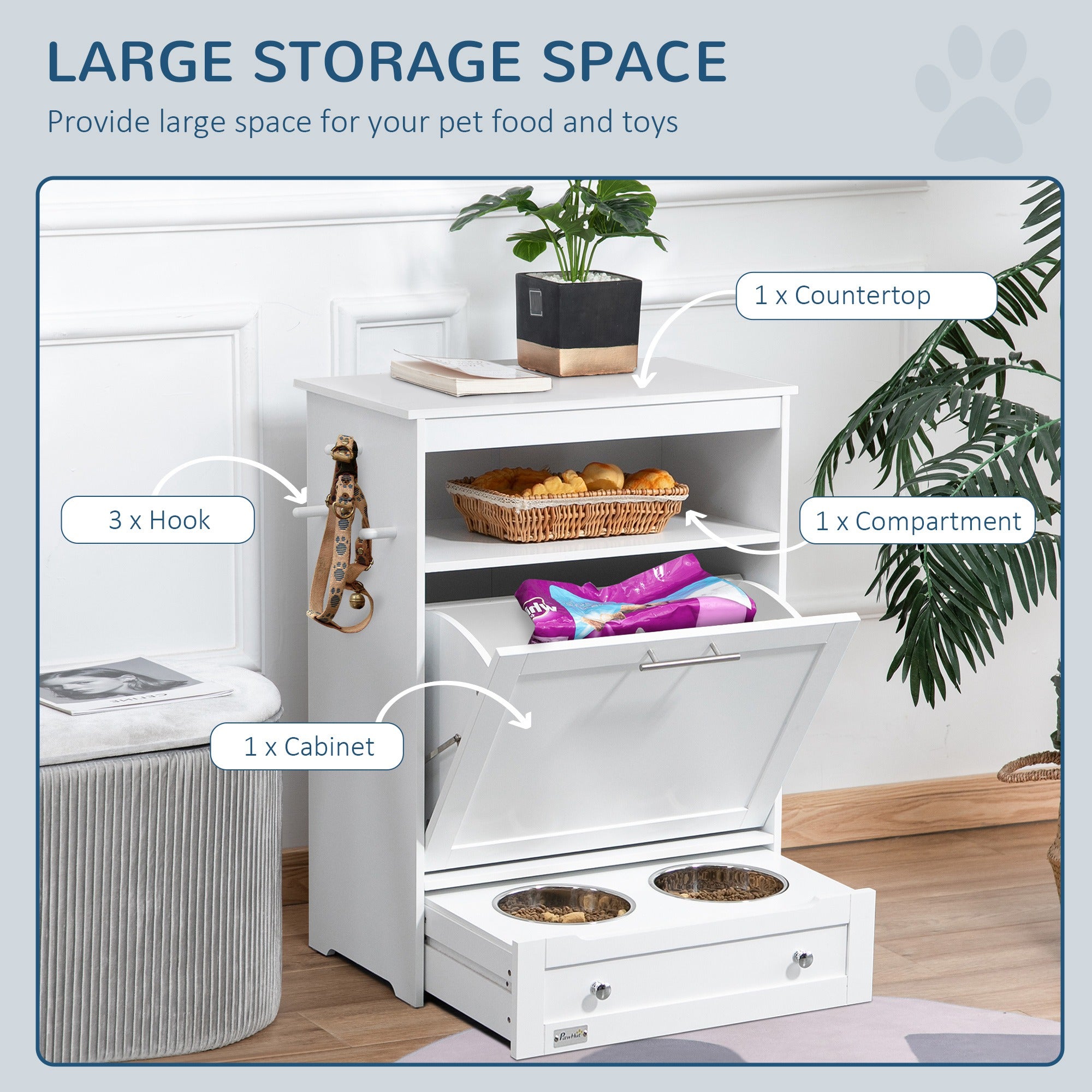 PawHut Dog Feeding Station, Dog Food Storage Pet Feeder Cabinet Container with Dog Raised Bowls and Hanger for Feeding & Watering Supplies, White