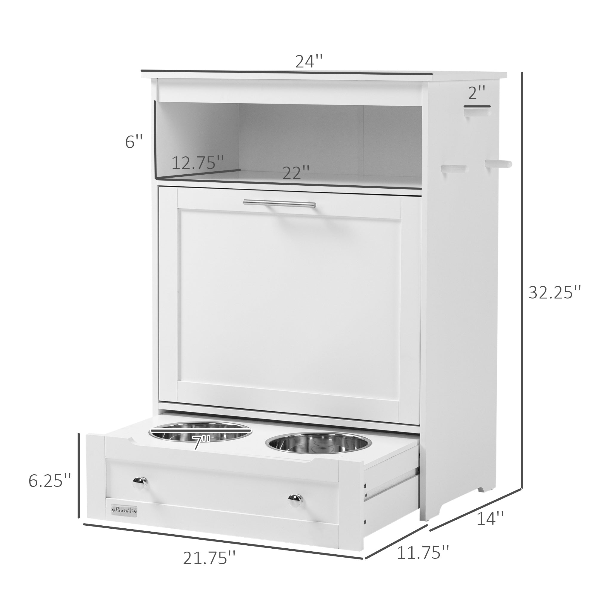 PawHut Dog Feeding Station, Dog Food Storage Pet Feeder Cabinet Container with Dog Raised Bowls and Hanger for Feeding & Watering Supplies, White