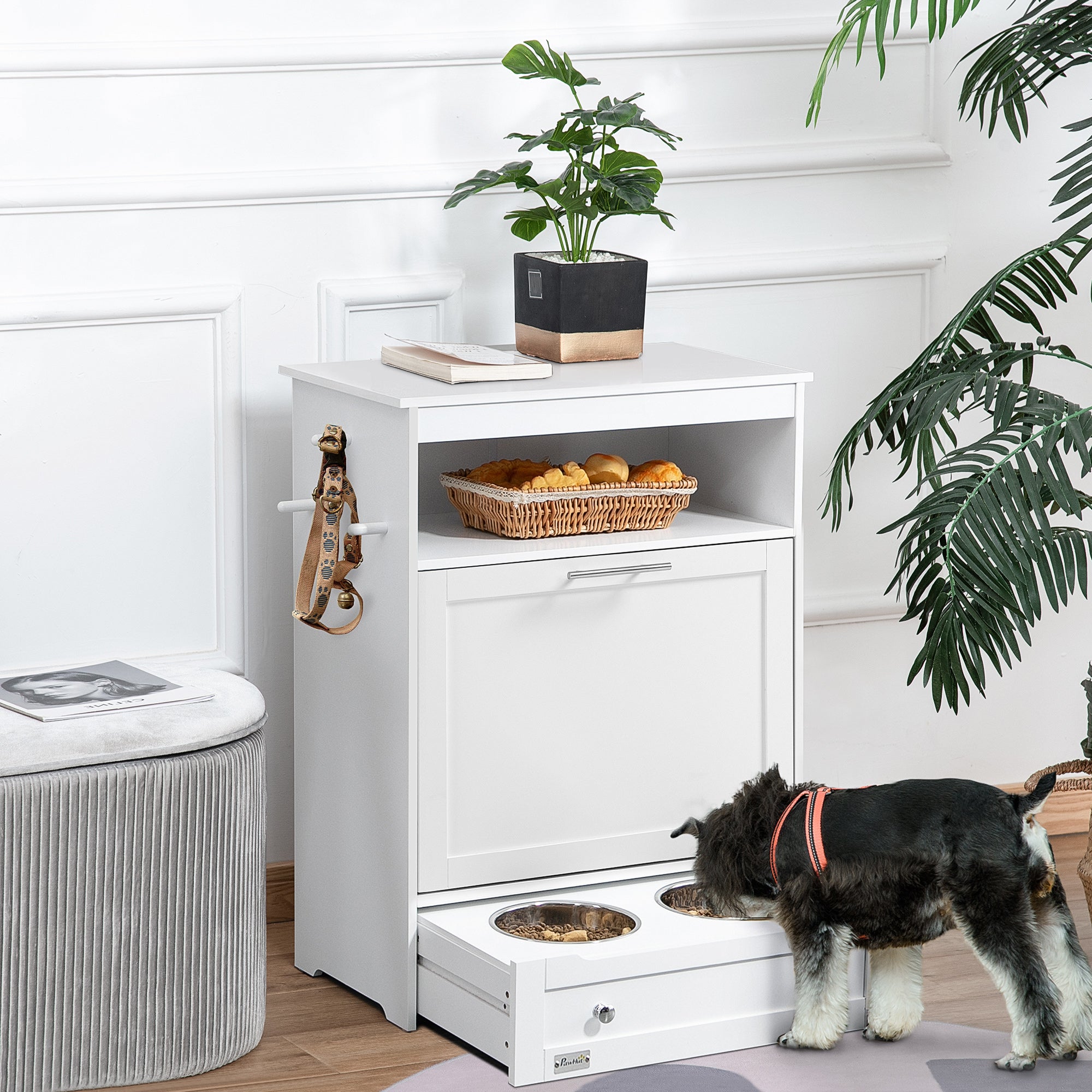PawHut Dog Feeding Station, Dog Food Storage Pet Feeder Cabinet Container with Dog Raised Bowls and Hanger for Feeding & Watering Supplies, White