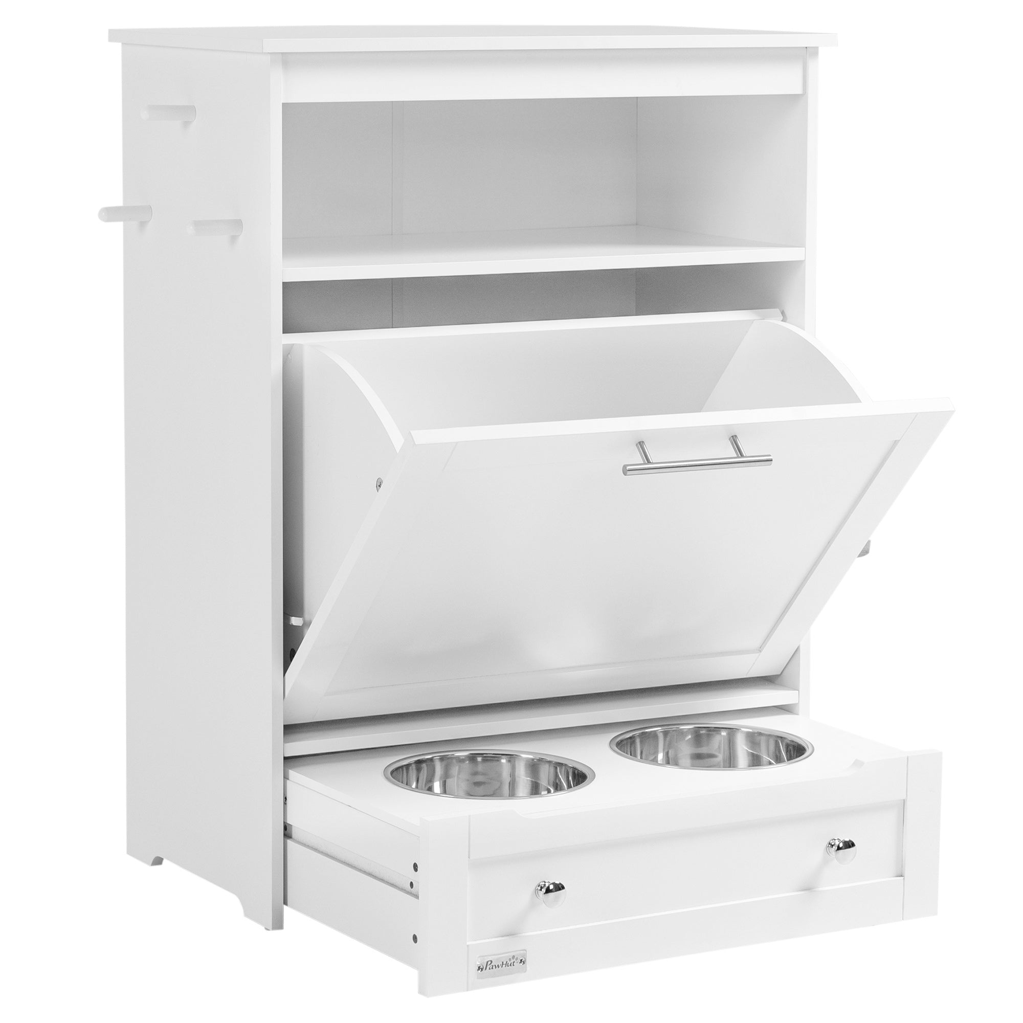 PawHut Dog Feeding Station, Dog Food Storage Pet Feeder Cabinet Container with Dog Raised Bowls and Hanger for Feeding & Watering Supplies, White