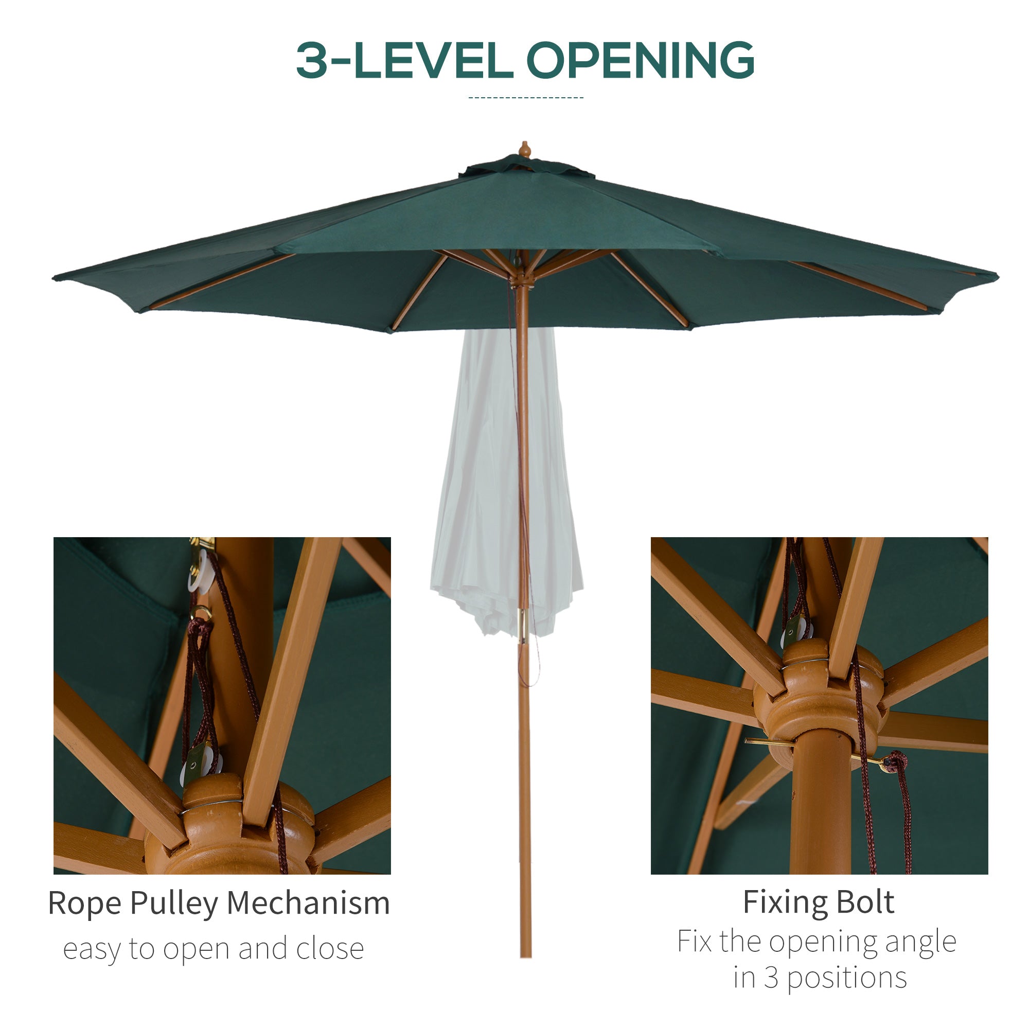 Outsunny ⌀9' x 8' H Patio Umbrella, Market Umbrella with Hardwood Frame and Wind Vent, Outdoor Beach Parasol, Green