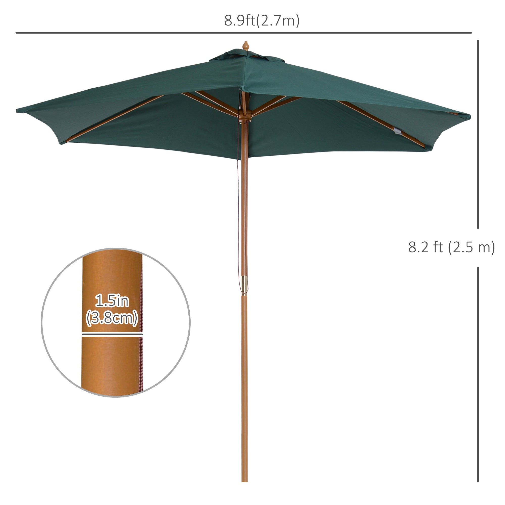 Outsunny ⌀9' x 8' H Patio Umbrella, Market Umbrella with Hardwood Frame and Wind Vent, Outdoor Beach Parasol, Green