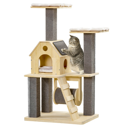 PawHut 49" Cat Tree Kitty Activity Center Wooden Cat Climbing Toy Pet Furniture with Cat Condo Cat Roller Ladder Cushions Sisal Scratching Post Pad, Natural