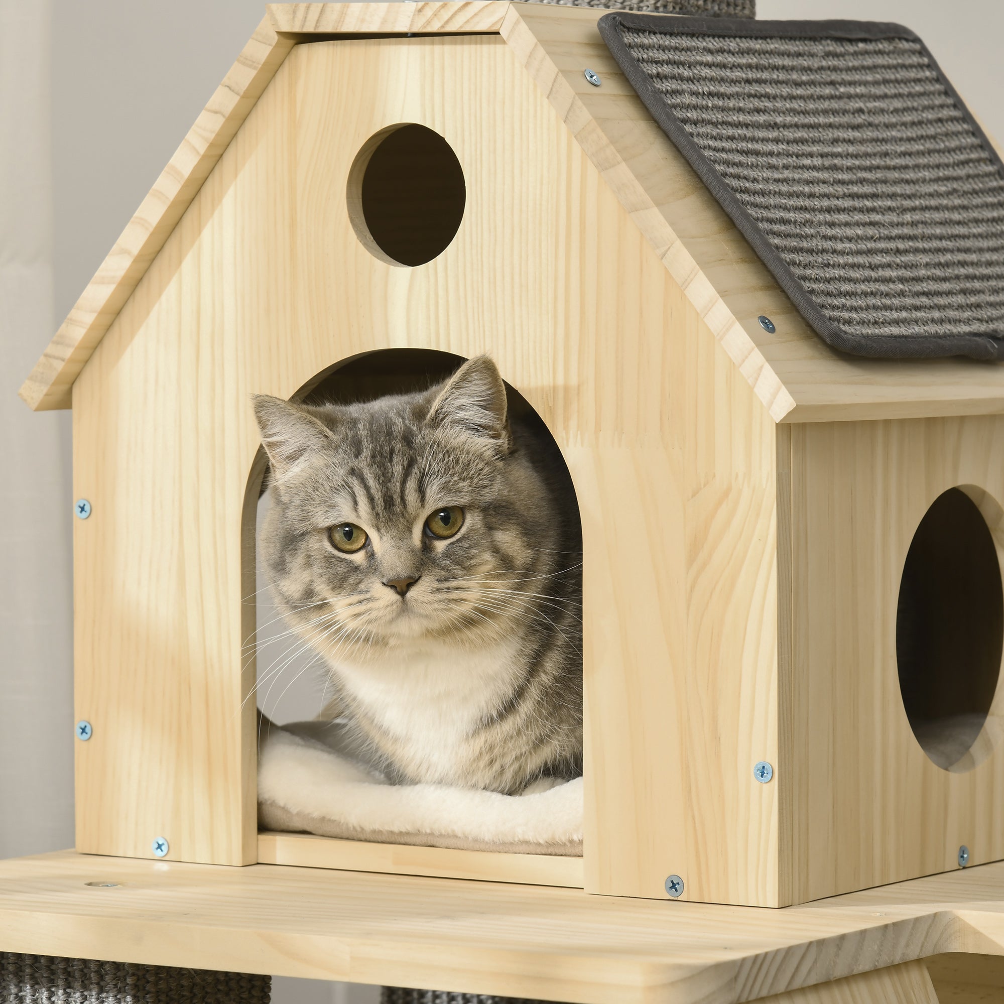 PawHut 49" Cat Tree Kitty Activity Center Wooden Cat Climbing Toy Pet Furniture with Cat Condo Cat Roller Ladder Cushions Sisal Scratching Post Pad, Natural