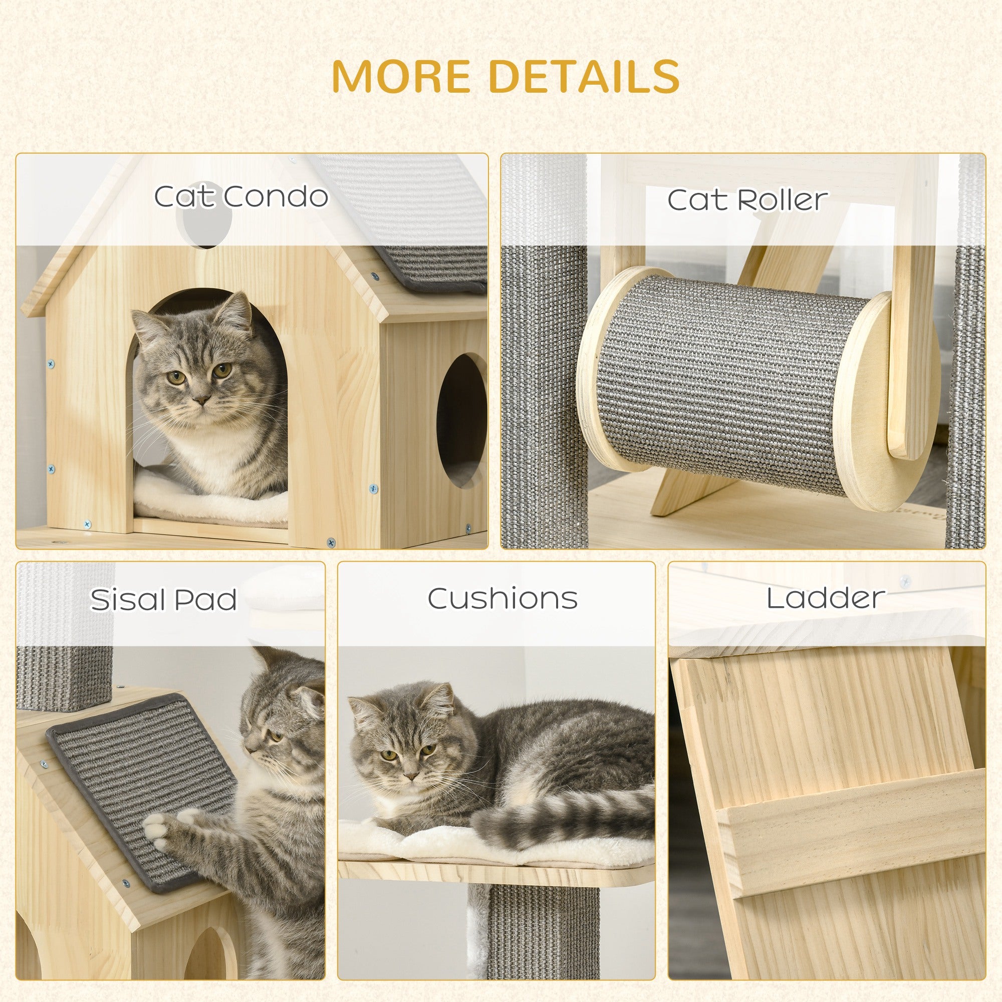 PawHut 49" Cat Tree Kitty Activity Center Wooden Cat Climbing Toy Pet Furniture with Cat Condo Cat Roller Ladder Cushions Sisal Scratching Post Pad, Natural