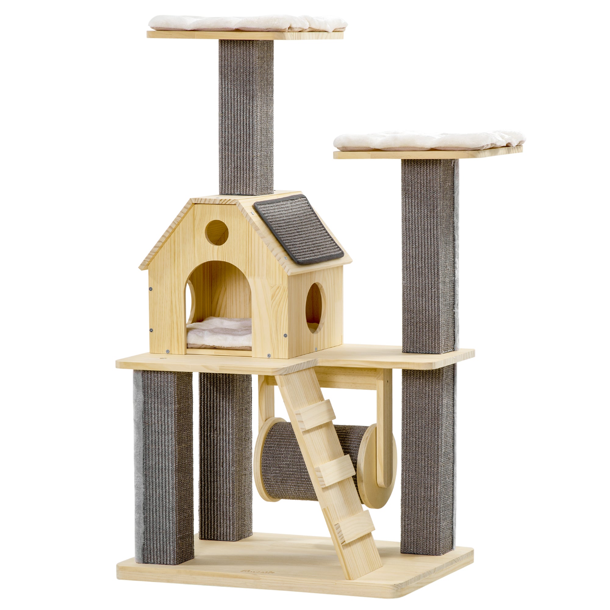 PawHut 49" Cat Tree Kitty Activity Center Wooden Cat Climbing Toy Pet Furniture with Cat Condo Cat Roller Ladder Cushions Sisal Scratching Post Pad, Natural