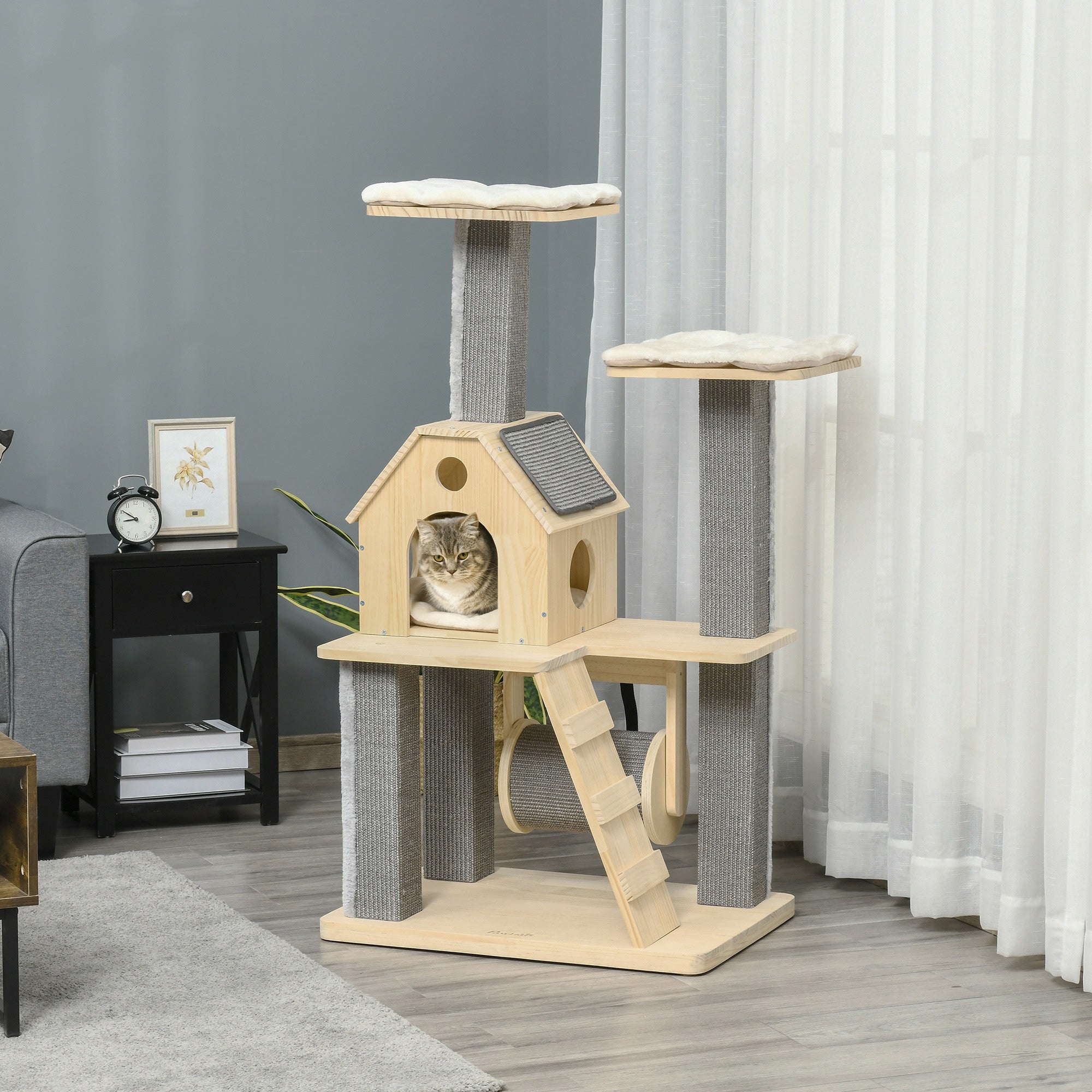 PawHut 49" Cat Tree Kitty Activity Center Wooden Cat Climbing Toy Pet Furniture with Cat Condo Cat Roller Ladder Cushions Sisal Scratching Post Pad, Natural