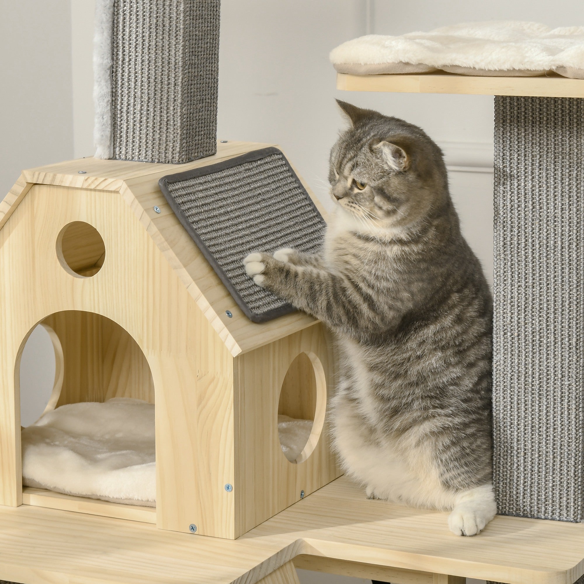 PawHut 49" Cat Tree Kitty Activity Center Wooden Cat Climbing Toy Pet Furniture with Cat Condo Cat Roller Ladder Cushions Sisal Scratching Post Pad, Natural