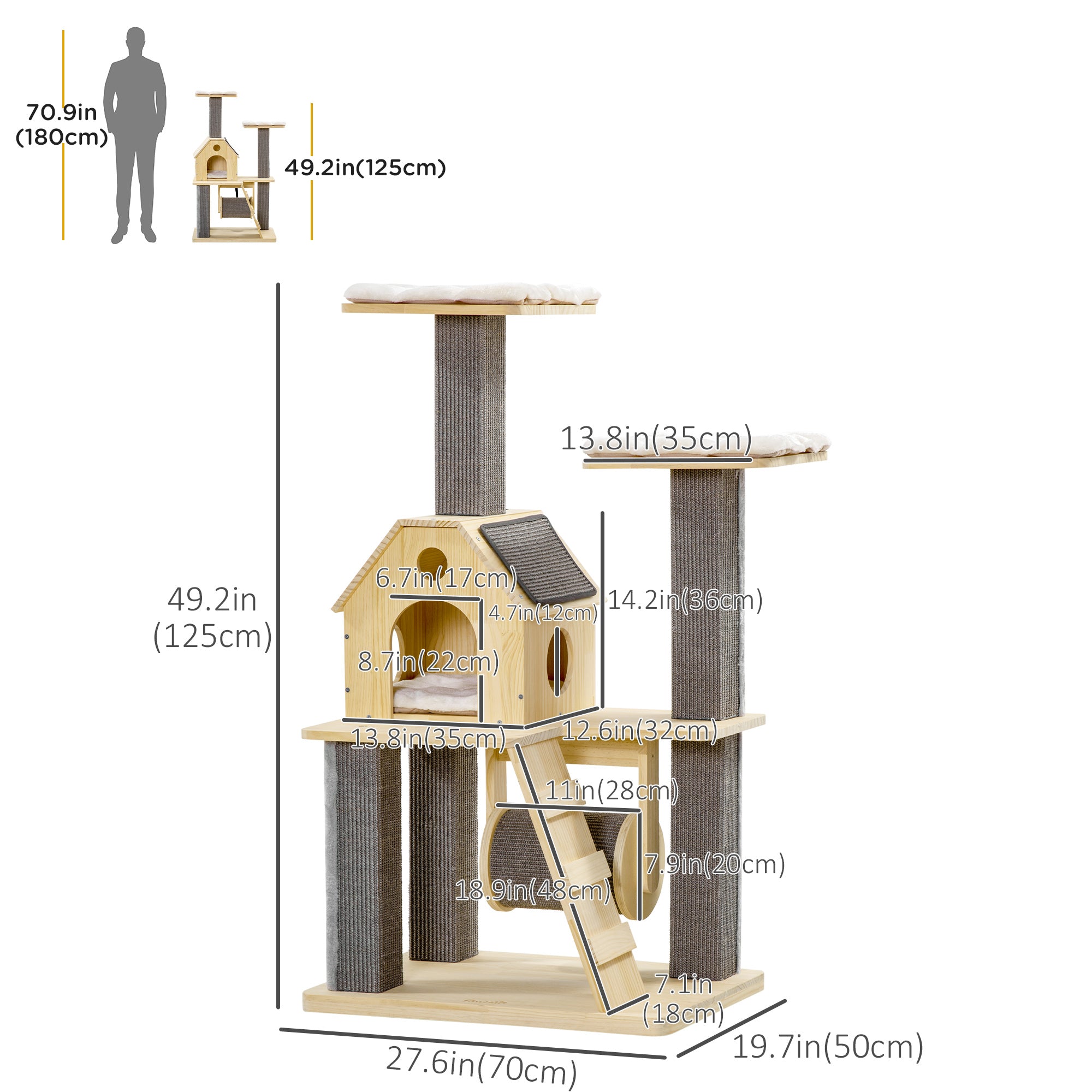 PawHut 49" Cat Tree Kitty Activity Center Wooden Cat Climbing Toy Pet Furniture with Cat Condo Cat Roller Ladder Cushions Sisal Scratching Post Pad, Natural