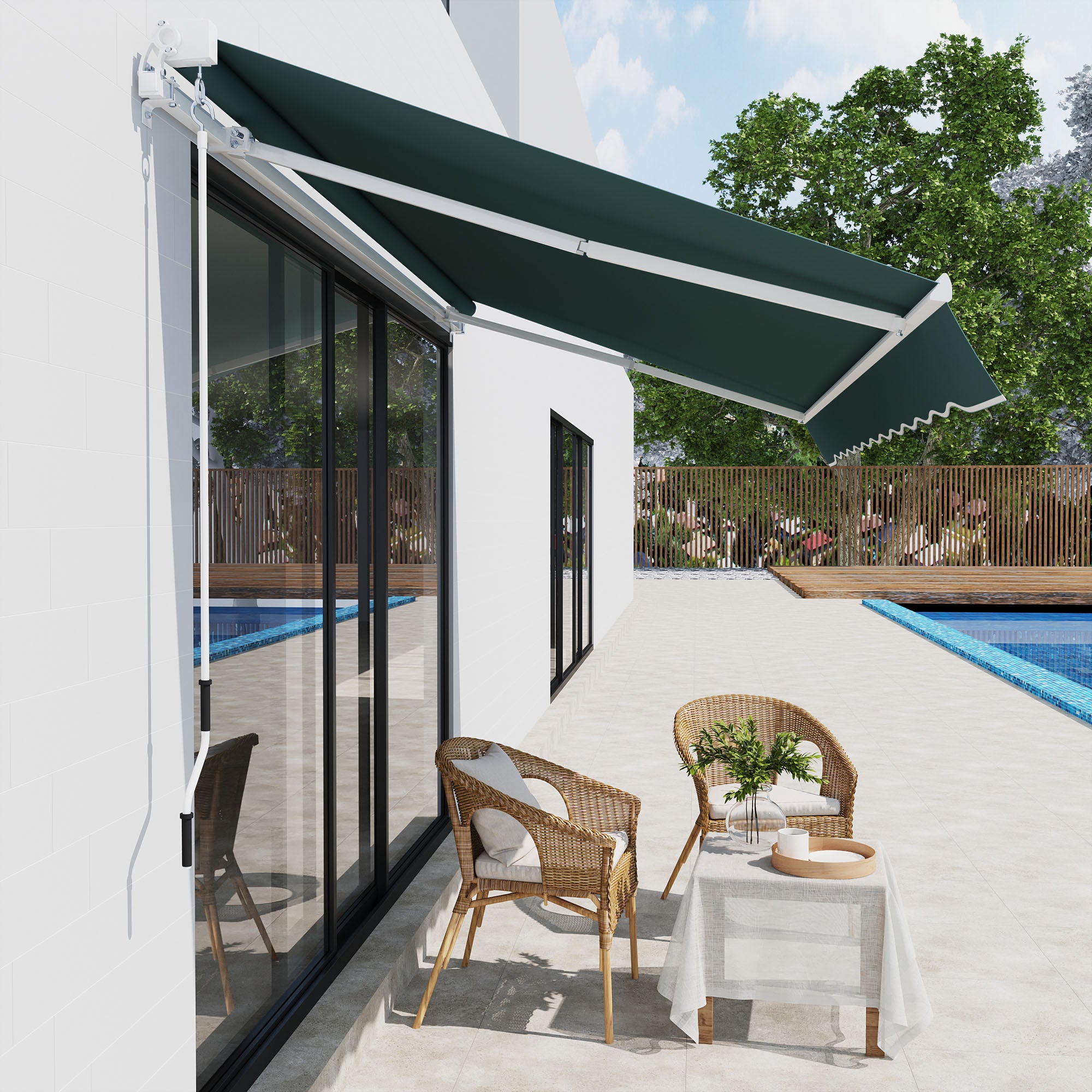 Outsunny 8' x 7' Retractable Awning, Patio Awnings, Sunshade Shelter with 280 g/m² UV & Water-Resistant Fabric and Aluminum Frame for Deck, Balcony, Yard, Dark Green