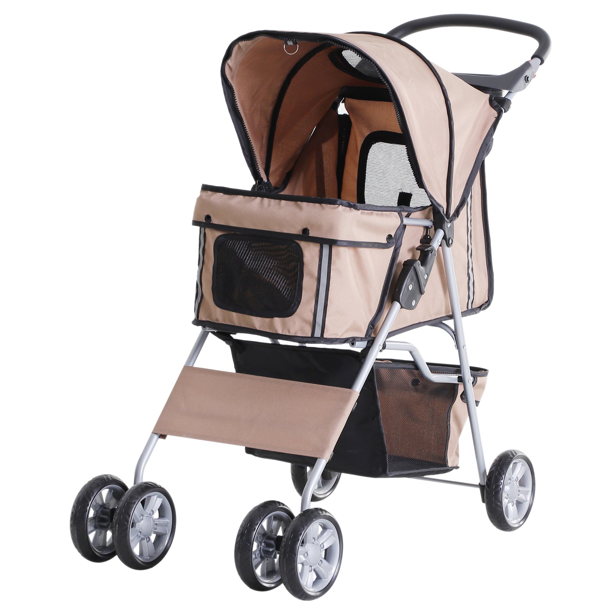 PawHut 4 Wheel Dog Pet Stroller Dog Cat Carrier Folding Sunshade Canopy with Brake, Brown