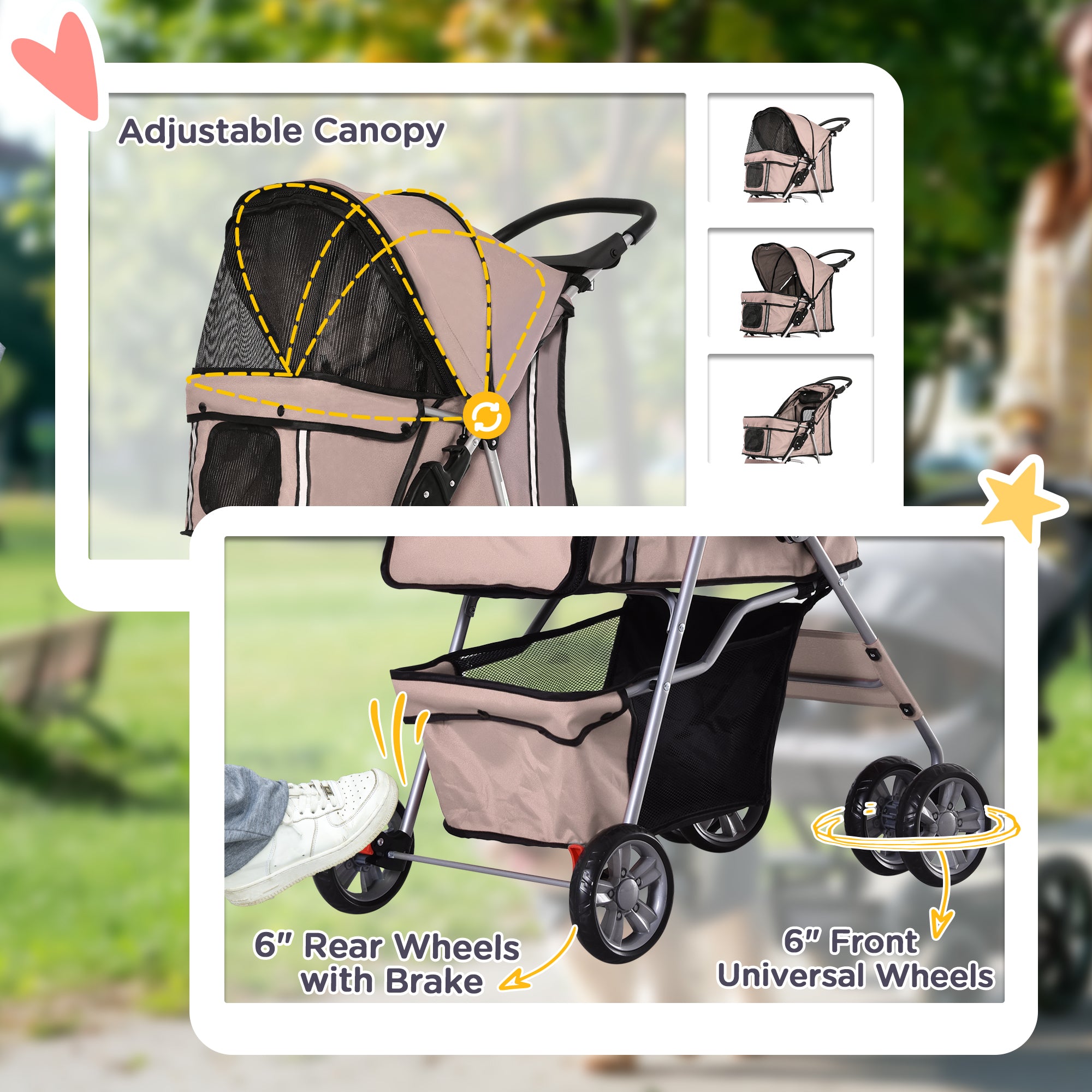 PawHut 4 Wheel Dog Pet Stroller Dog Cat Carrier Folding Sunshade Canopy with Brake, Brown