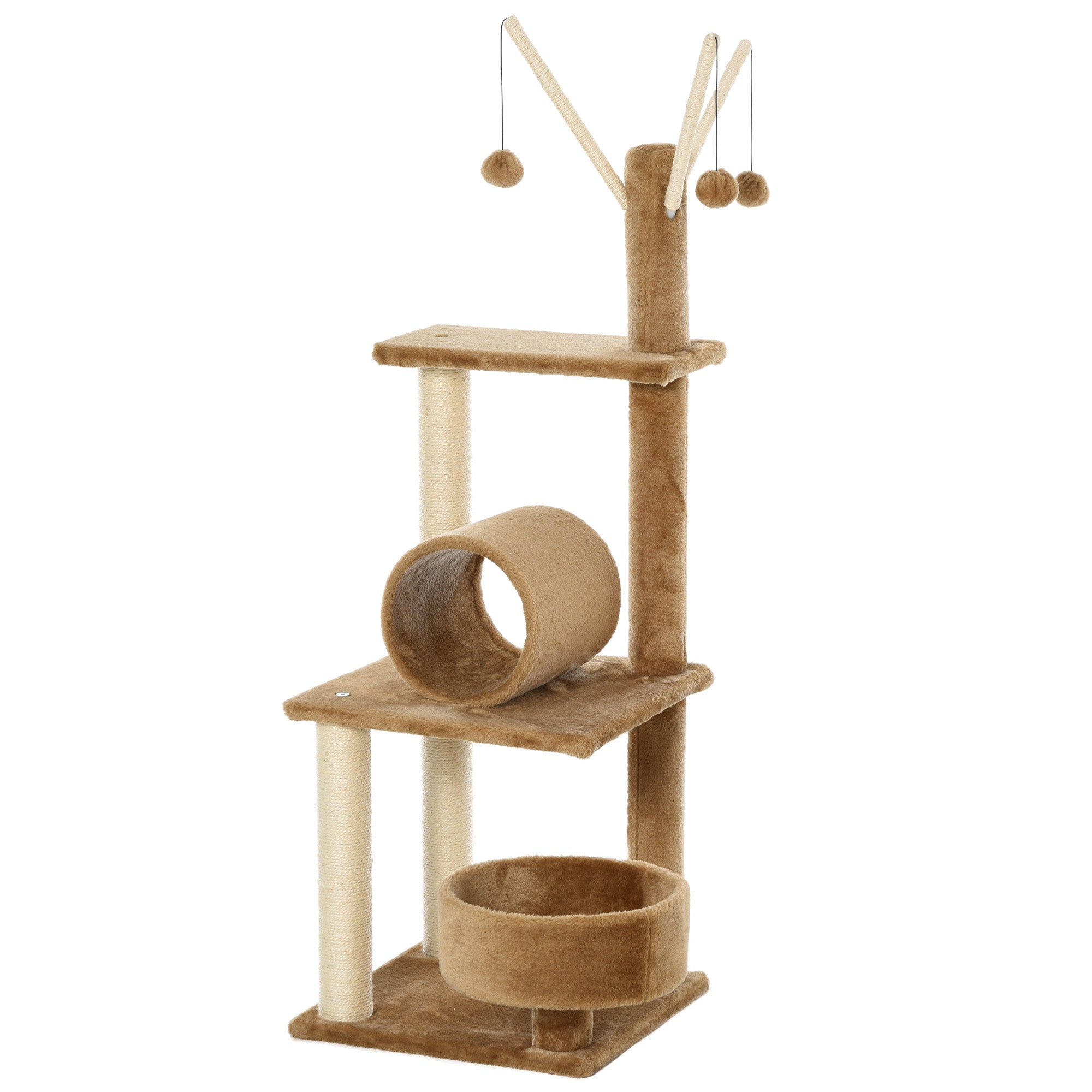 PawHut Cat Tree for Indoor Cats 121cm Kitten Tower Sisal Scratching Post Pet Activity Center Perch Condo Hanging Ball Brown
