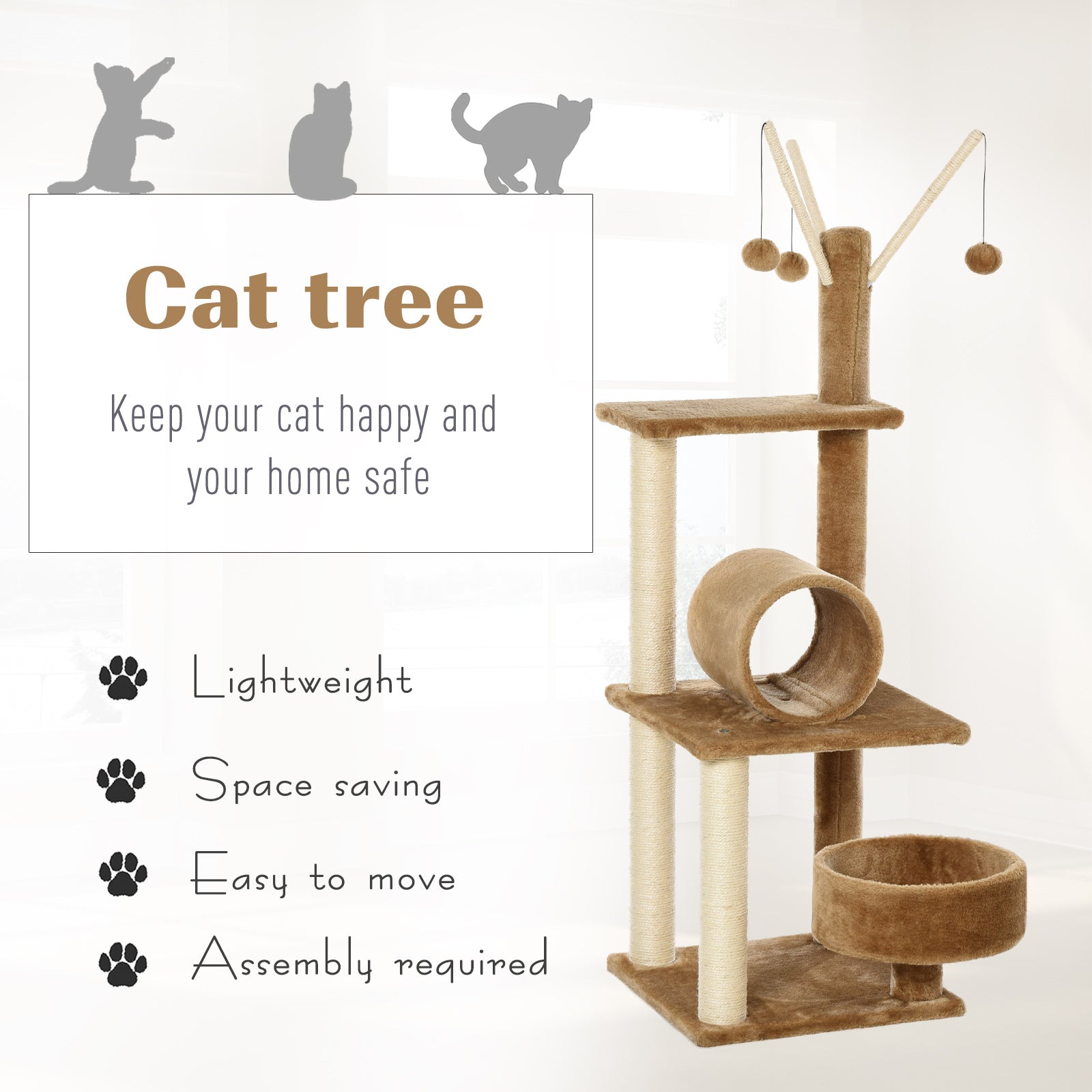 PawHut Cat Tree for Indoor Cats 121cm Kitten Tower Sisal Scratching Post Pet Activity Center Perch Condo Hanging Ball Brown