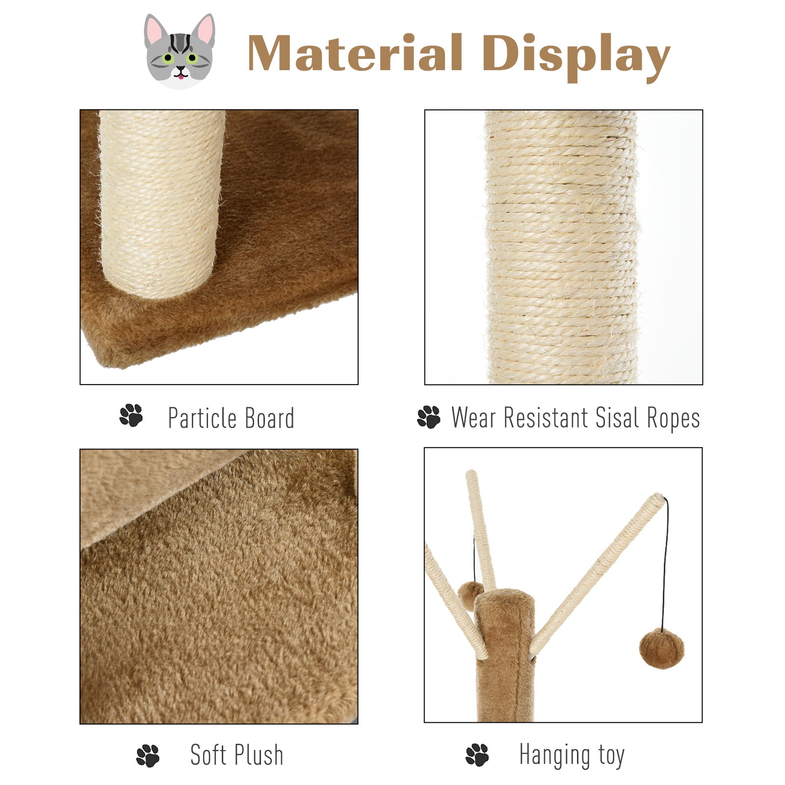 PawHut Cat Tree for Indoor Cats 121cm Kitten Tower Sisal Scratching Post Pet Activity Center Perch Condo Hanging Ball Brown