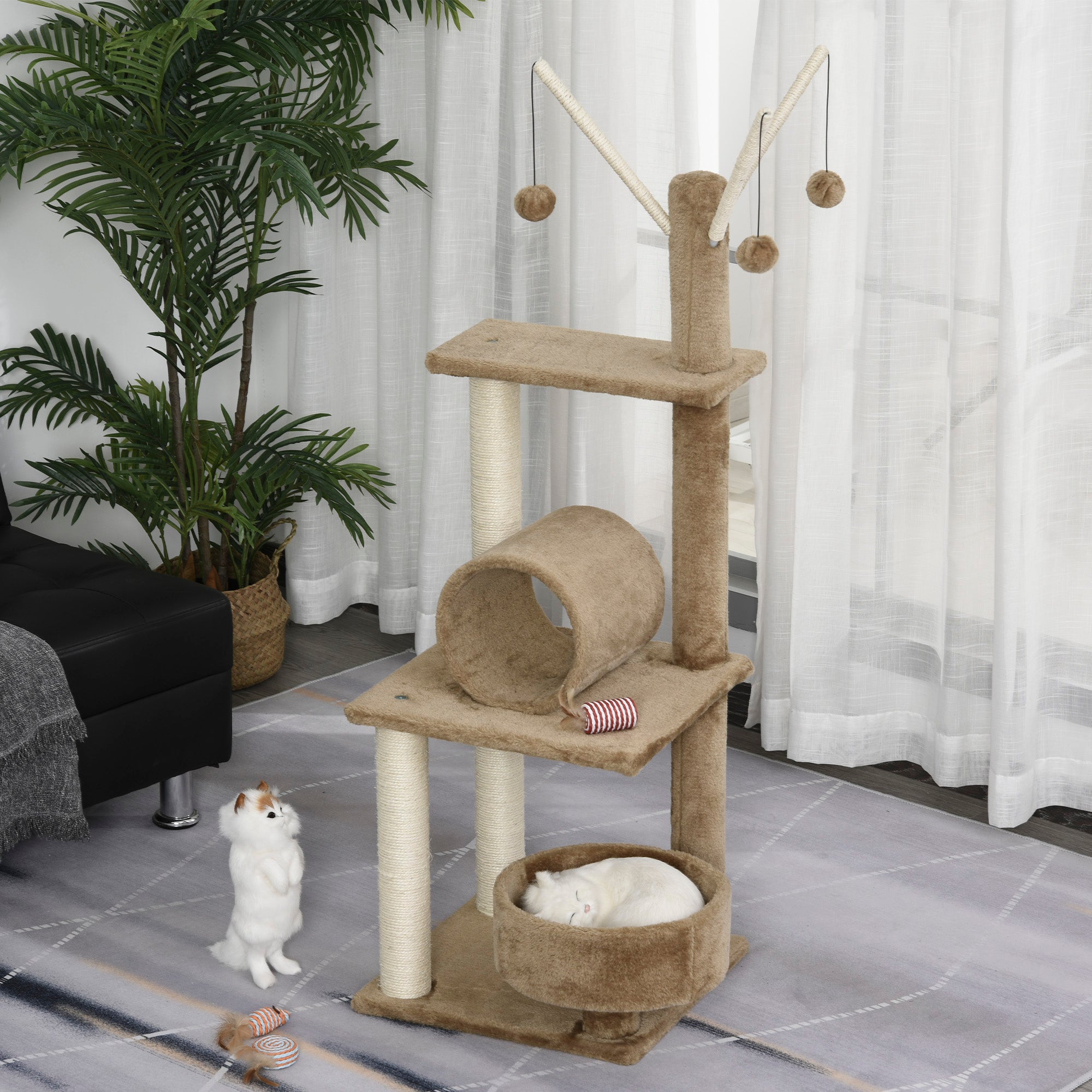 PawHut Cat Tree for Indoor Cats 121cm Kitten Tower Sisal Scratching Post Pet Activity Center Perch Condo Hanging Ball Brown