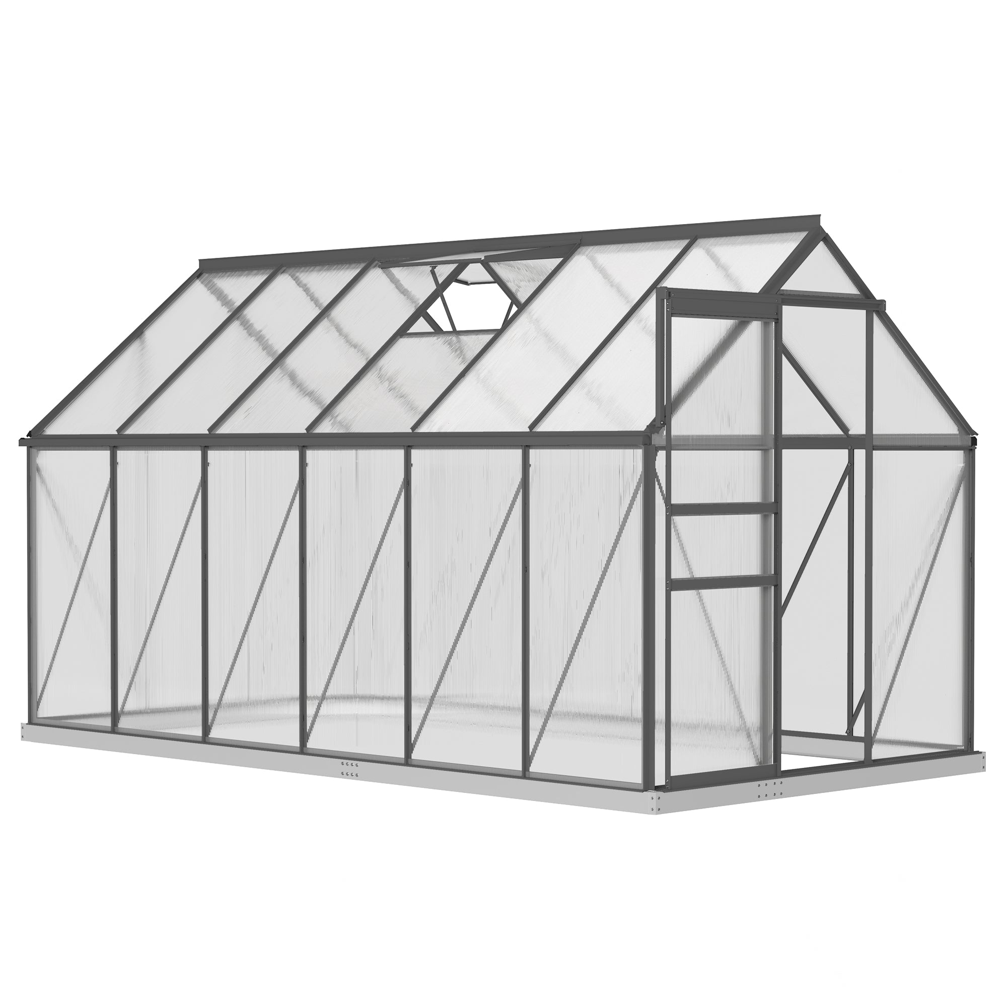 Outsunny 6' x 12' x 6.5' Polycarbonate Greenhouse, Walk-in Green House with Adjustable Roof Vent Galvanized Base Sliding Door Rain Gutter for Outdoor Garden Backyard, Charcoal Grey
