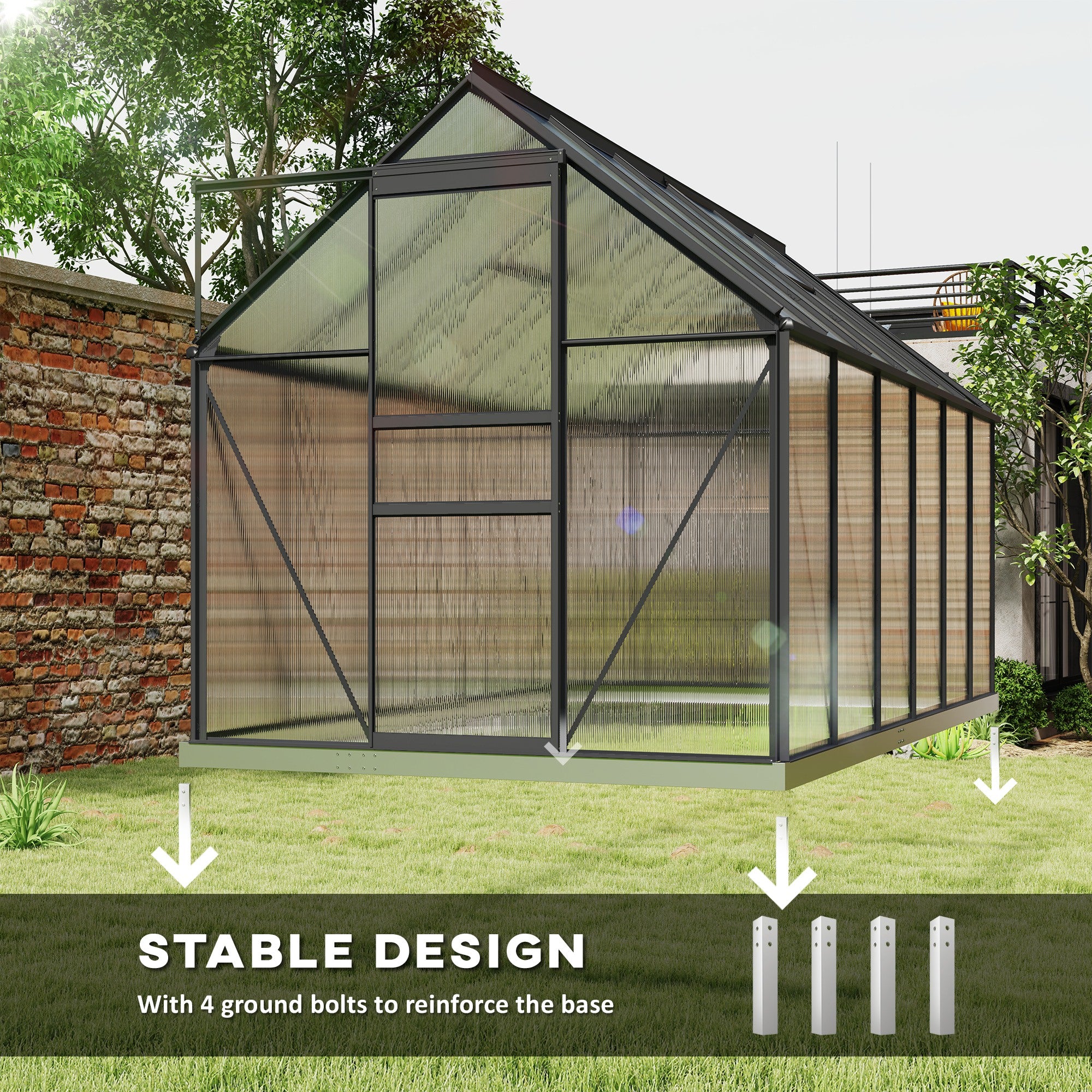 Outsunny 6' x 12' x 6.5' Polycarbonate Greenhouse, Walk-in Green House with Adjustable Roof Vent Galvanized Base Sliding Door Rain Gutter for Outdoor Garden Backyard, Charcoal Grey