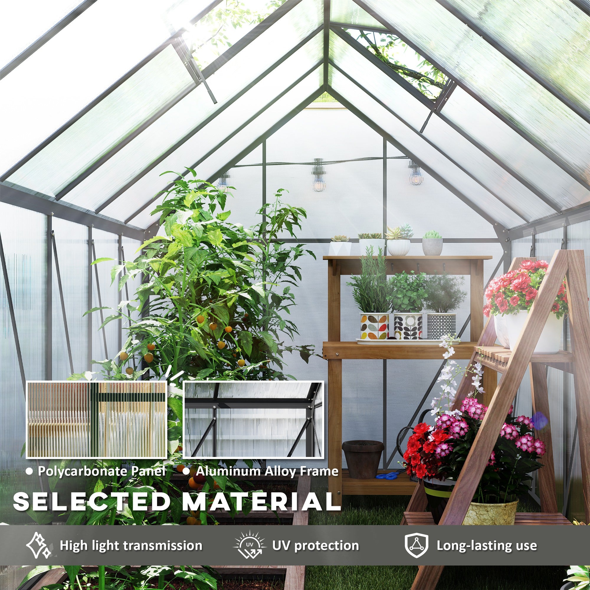 Outsunny 6' x 12' x 6.5' Polycarbonate Greenhouse, Walk-in Green House with Adjustable Roof Vent Galvanized Base Sliding Door Rain Gutter for Outdoor Garden Backyard, Charcoal Grey