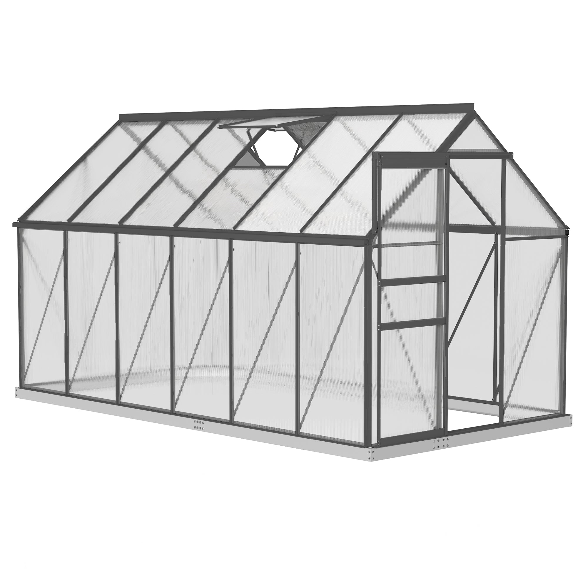 Outsunny 6' x 12' x 6.5' Polycarbonate Greenhouse, Walk-in Green House with Adjustable Roof Vent Galvanized Base Sliding Door Rain Gutter for Outdoor Garden Backyard, Charcoal Grey