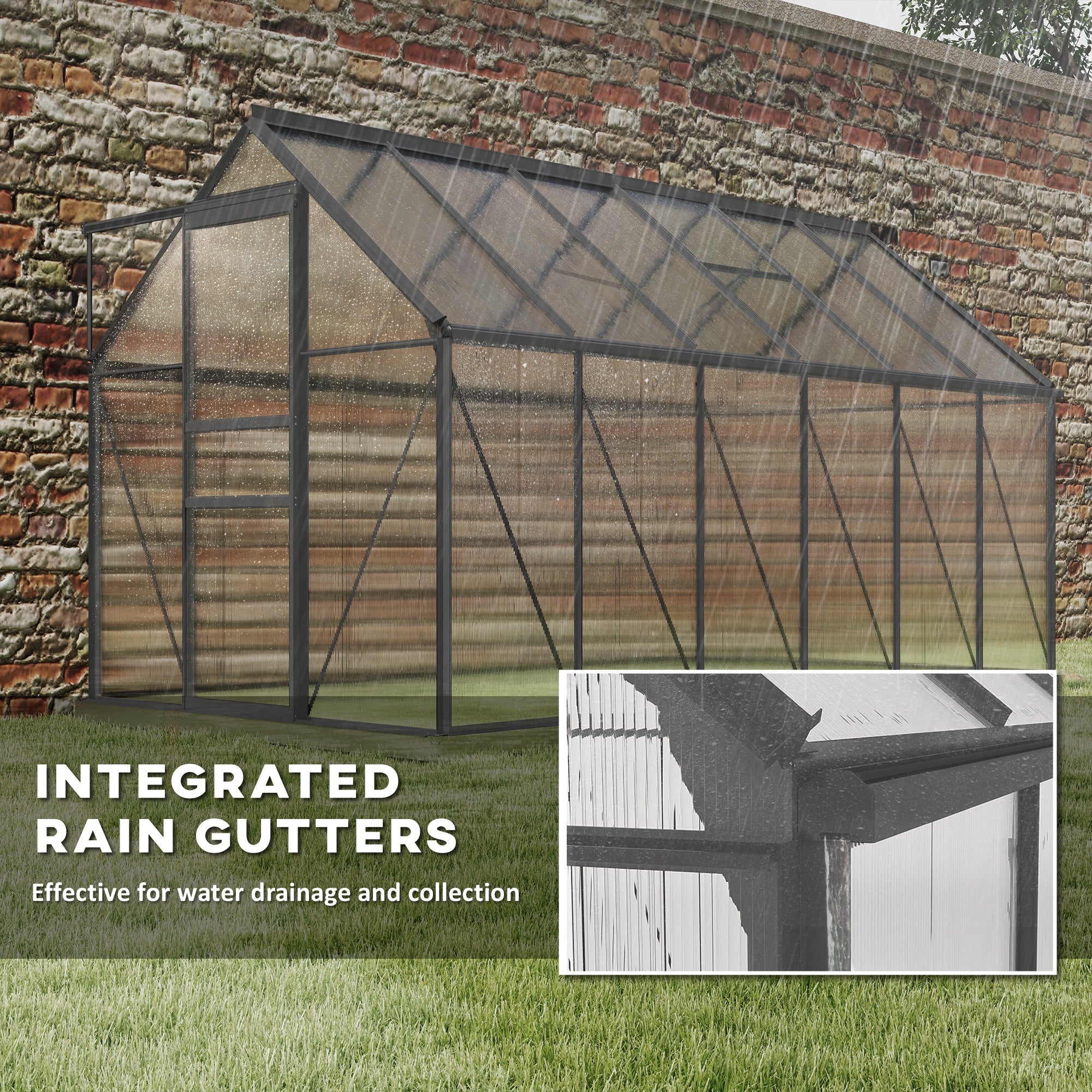 Outsunny 6' x 12' x 6.5' Polycarbonate Greenhouse, Walk-in Green House with Adjustable Roof Vent Galvanized Base Sliding Door Rain Gutter for Outdoor Garden Backyard, Charcoal Grey