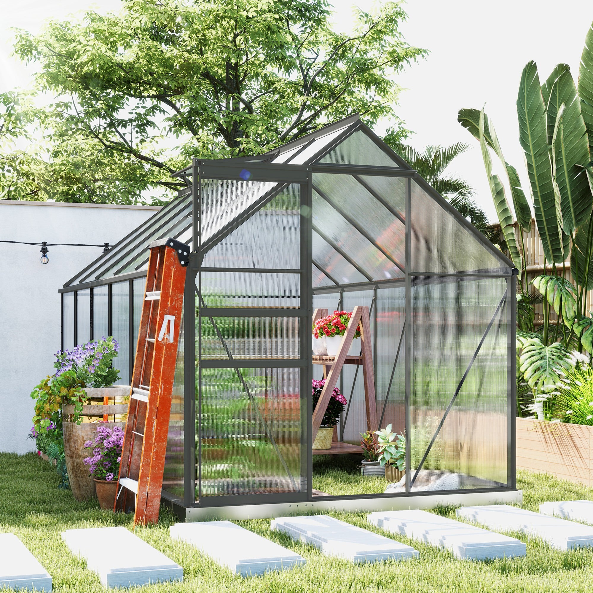 Outsunny 6' x 12' x 6.5' Polycarbonate Greenhouse, Walk-in Green House with Adjustable Roof Vent Galvanized Base Sliding Door Rain Gutter for Outdoor Garden Backyard, Charcoal Grey