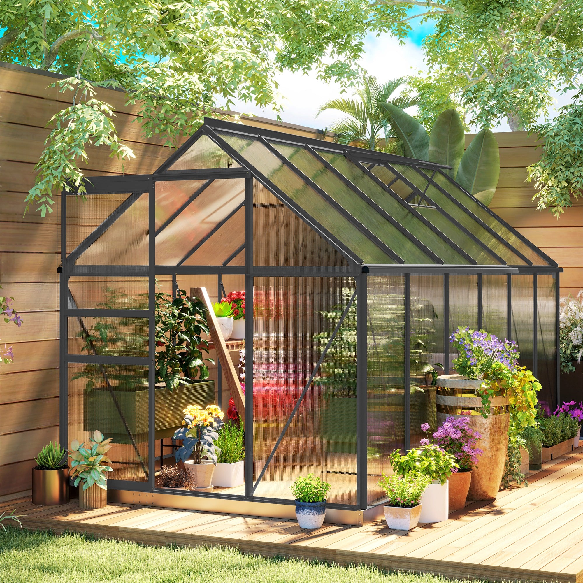 Outsunny 6' x 12' x 6.5' Polycarbonate Greenhouse, Walk-in Green House with Adjustable Roof Vent Galvanized Base Sliding Door Rain Gutter for Outdoor Garden Backyard, Charcoal Grey