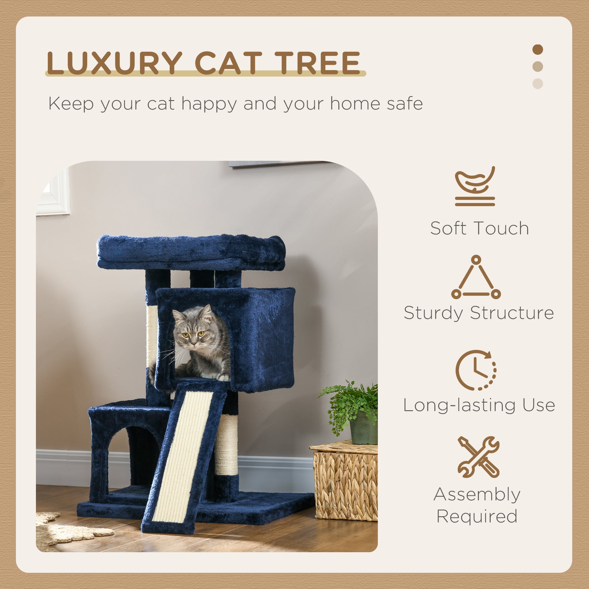 PawHut Cat Tree for Indoor Cats 83cm Cat Scratching Post Scratch Board Kitten Tower Climbing Frame Navy Blue