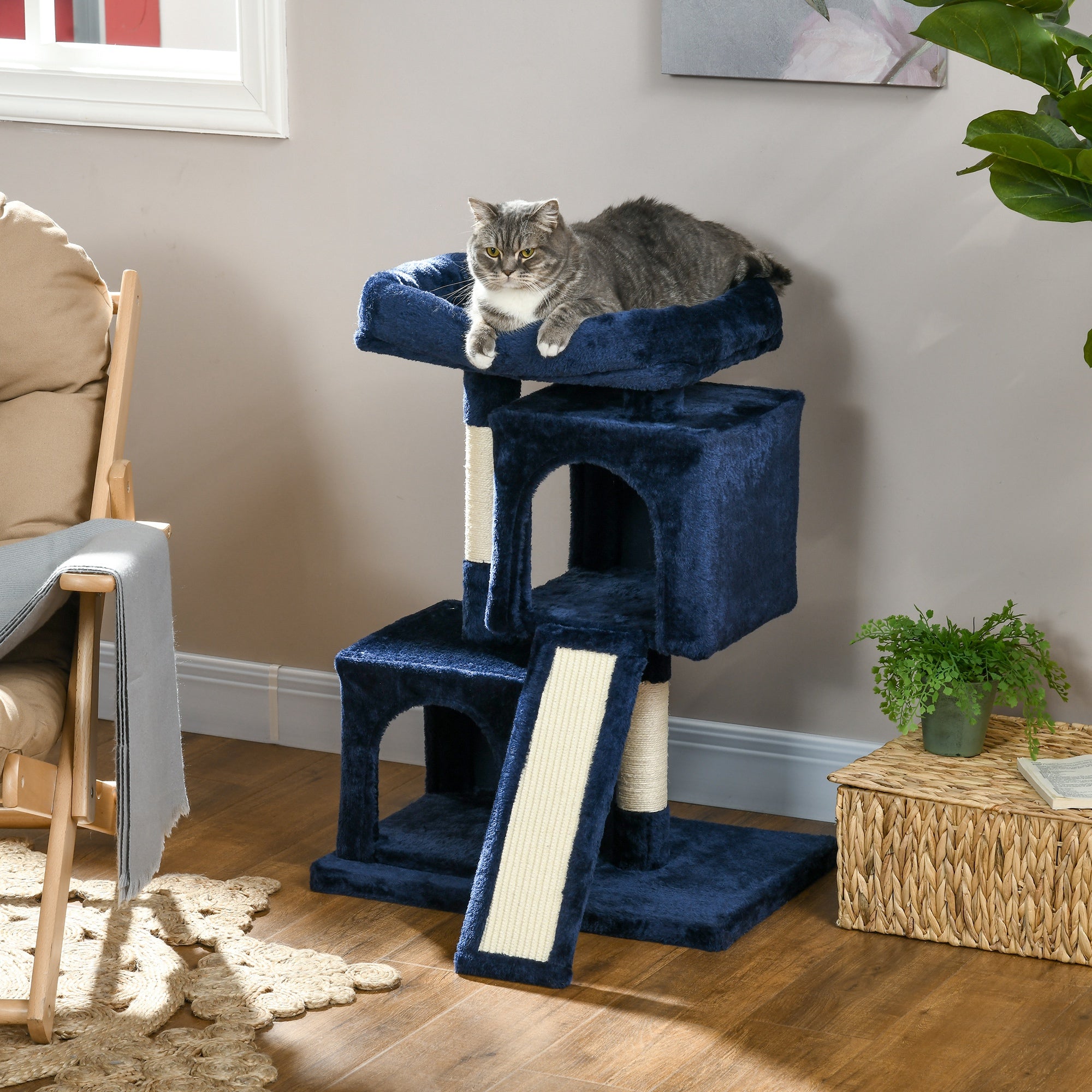 PawHut Cat Tree for Indoor Cats 83cm Cat Scratching Post Scratch Board Kitten Tower Climbing Frame Navy Blue