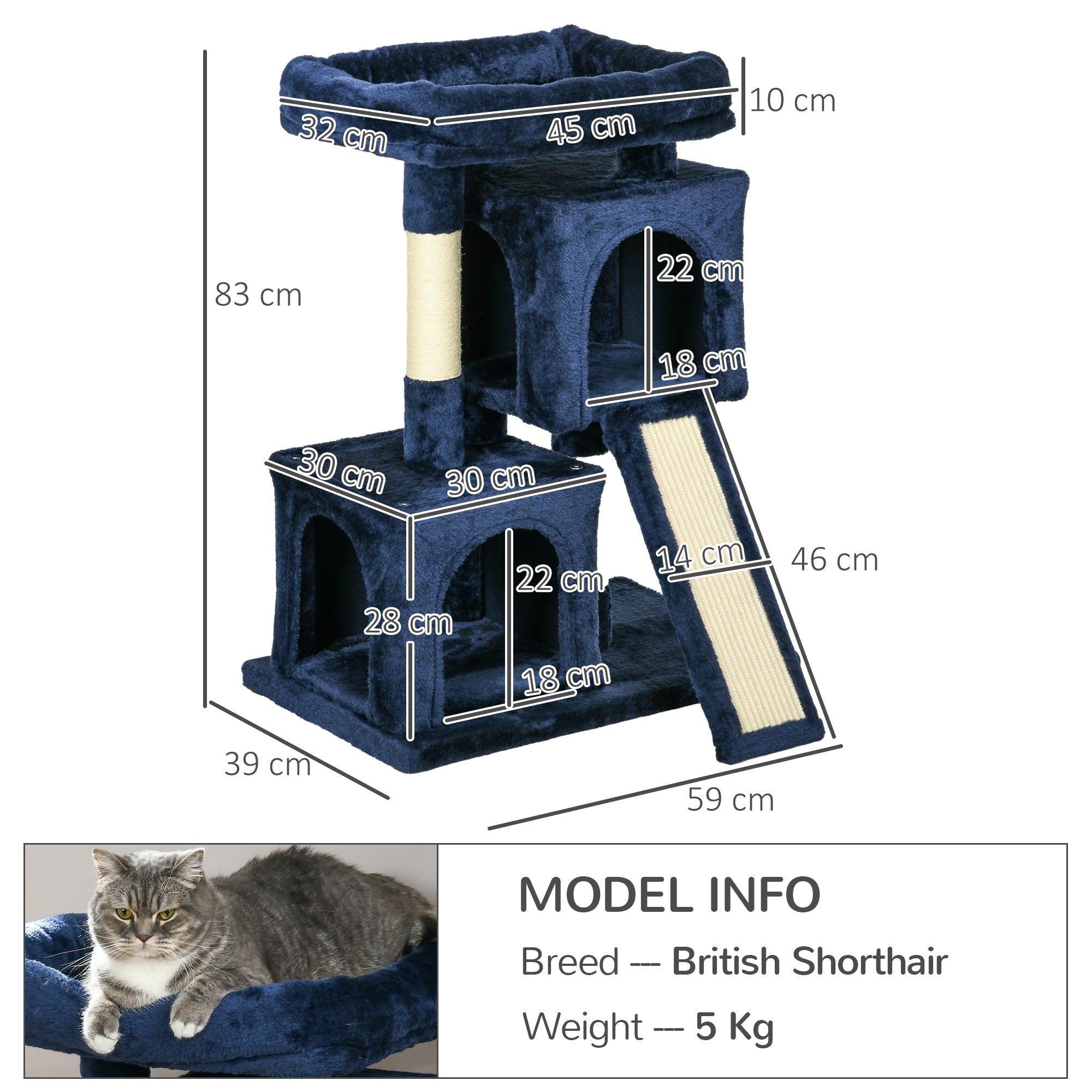 PawHut Cat Tree for Indoor Cats 83cm Cat Scratching Post Scratch Board Kitten Tower Climbing Frame Navy Blue