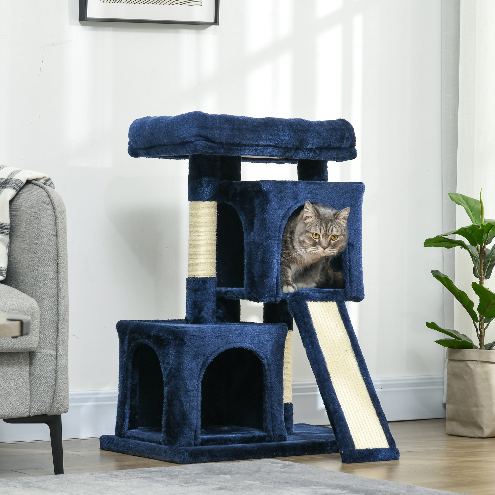 PawHut Cat Tree for Indoor Cats 83cm Cat Scratching Post Scratch Board Kitten Tower Climbing Frame Navy Blue