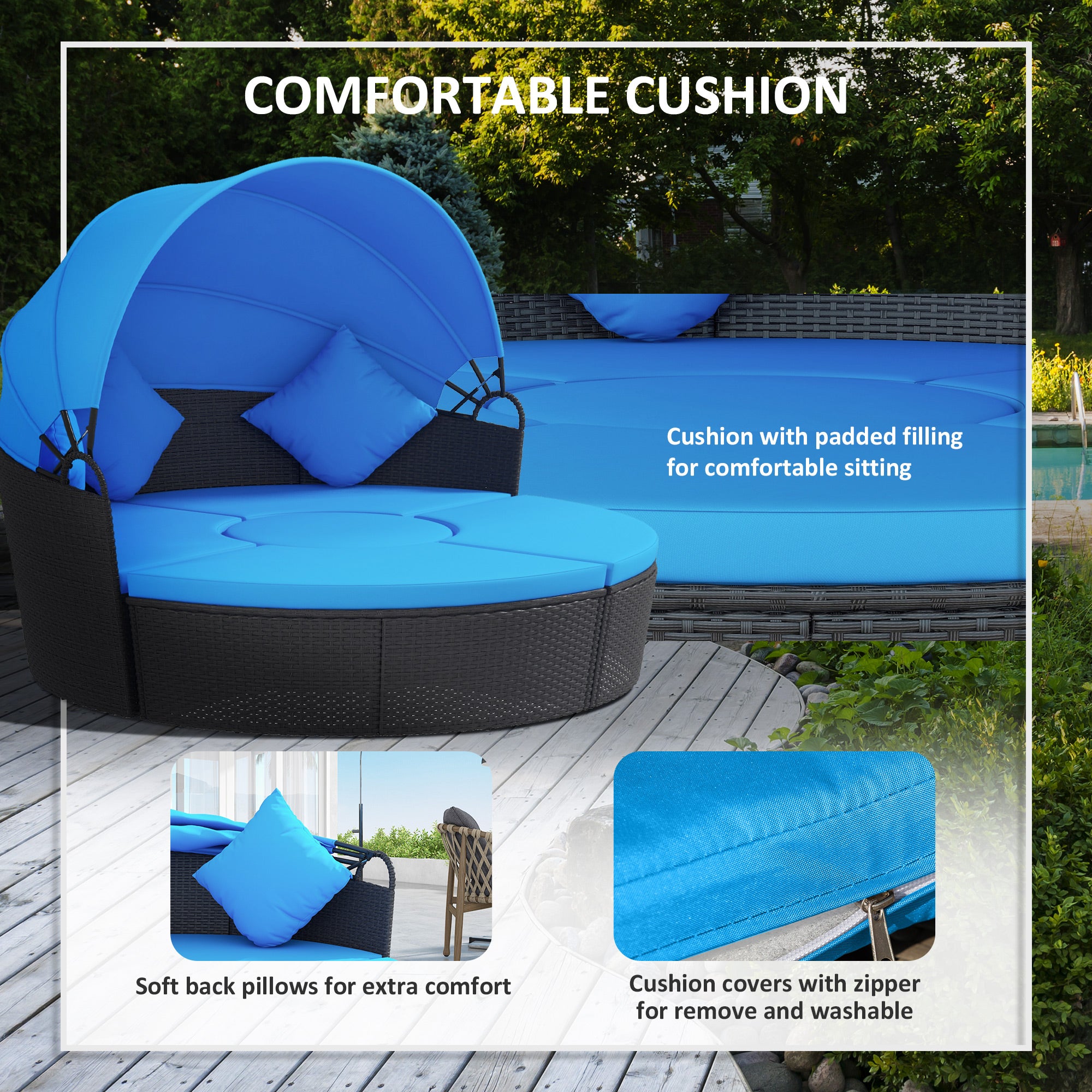 Outsunny 4 Pieces Outdoor Daybed with Retractable Canopy, PE Rattan Wicker Round Sofa Day Bed, Patio Sectional Conversation Furniture Set with Cushions and Pillows, Blue