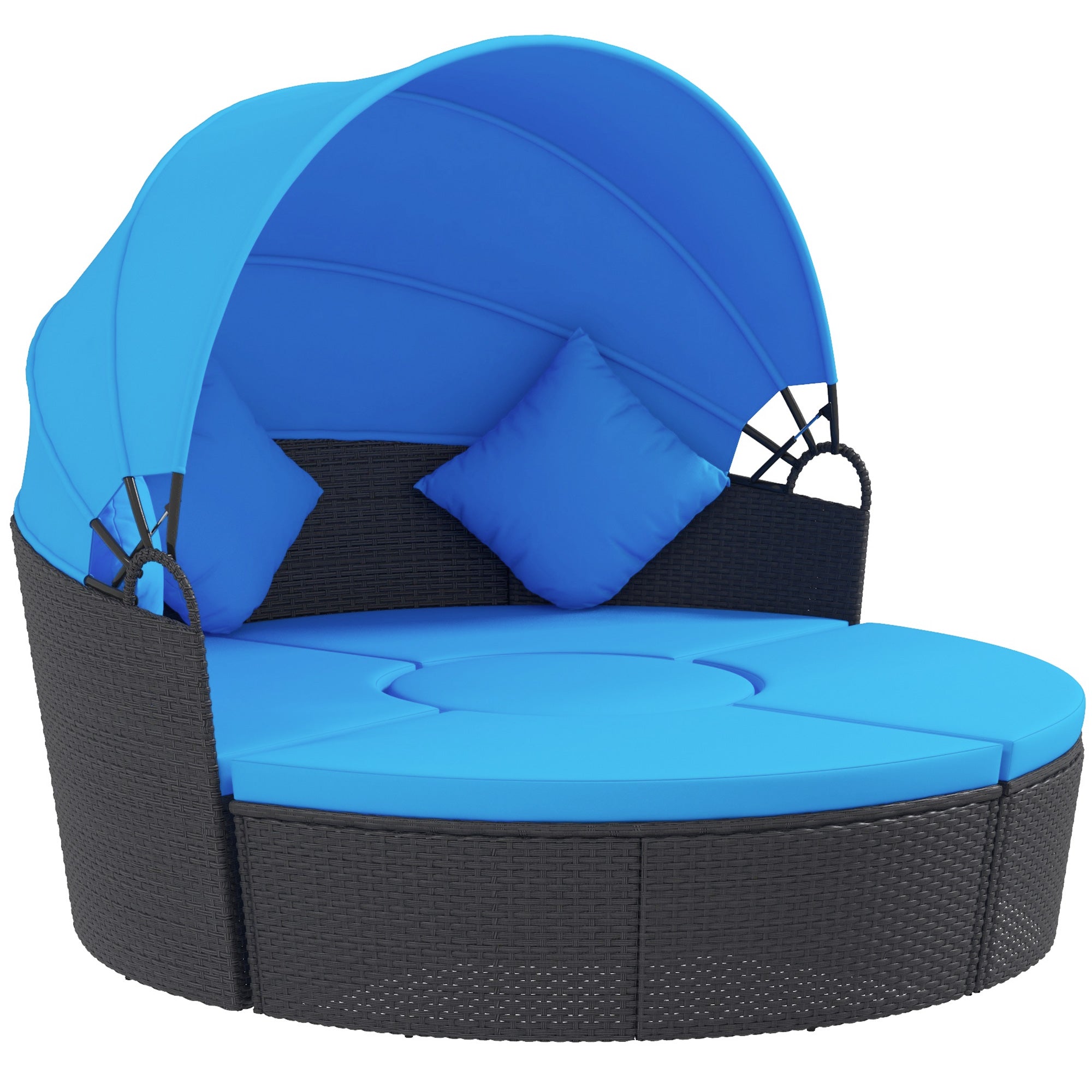 Outsunny 4 Pieces Outdoor Daybed with Retractable Canopy, PE Rattan Wicker Round Sofa Day Bed, Patio Sectional Conversation Furniture Set with Cushions and Pillows, Blue