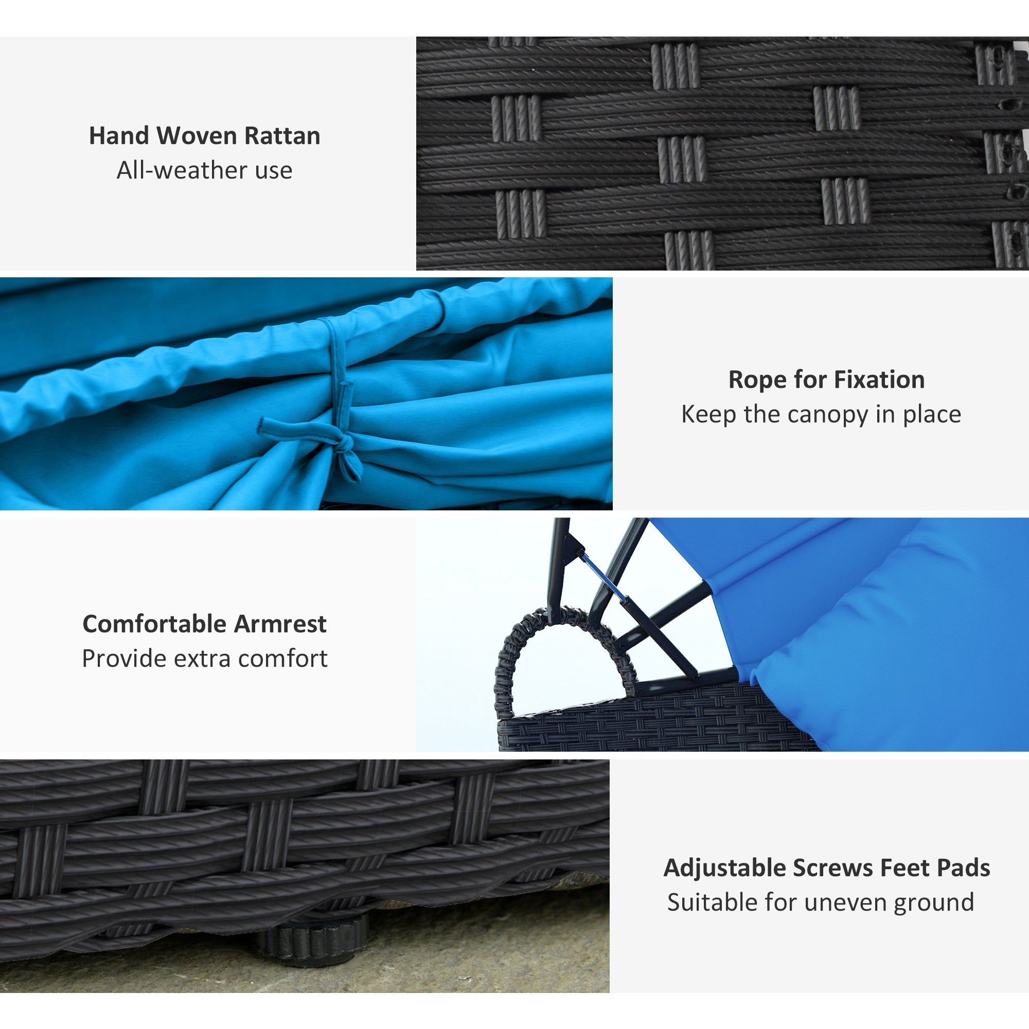 Outsunny 4 Pieces Outdoor Daybed with Retractable Canopy, PE Rattan Wicker Round Sofa Day Bed, Patio Sectional Conversation Furniture Set with Cushions and Pillows, Blue