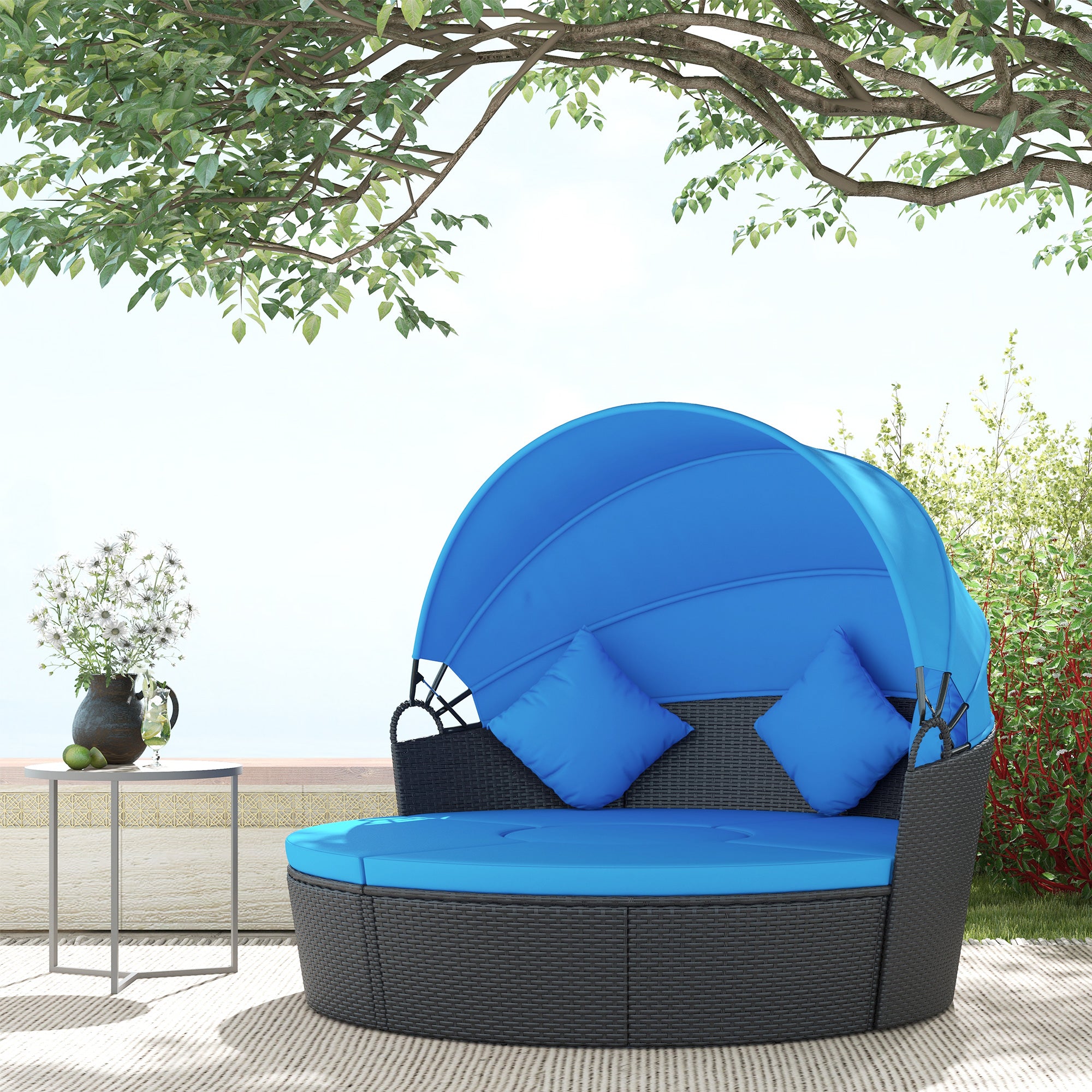 Outsunny 4 Pieces Outdoor Daybed with Retractable Canopy, PE Rattan Wicker Round Sofa Day Bed, Patio Sectional Conversation Furniture Set with Cushions and Pillows, Blue
