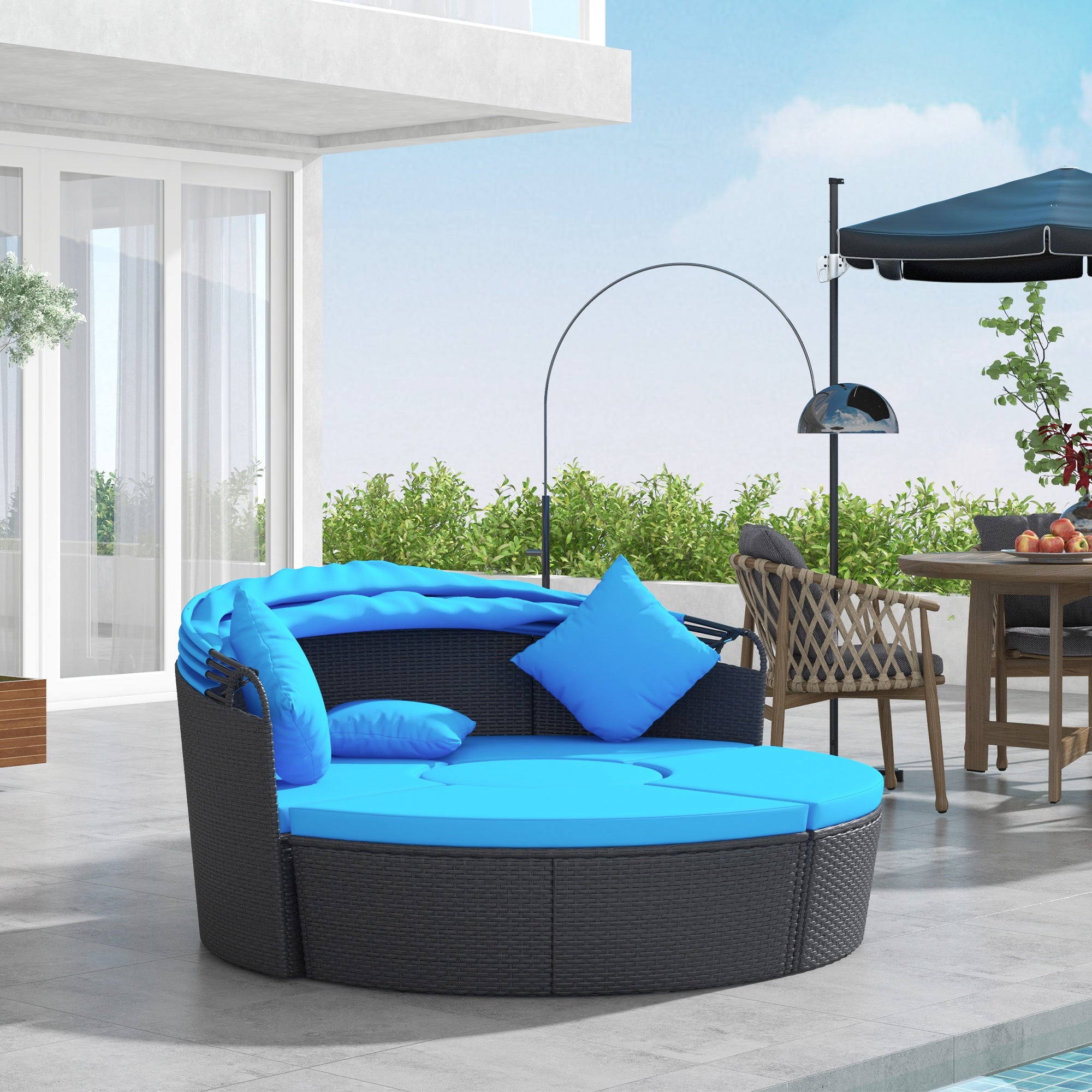 Outsunny 4 Pieces Outdoor Daybed with Retractable Canopy, PE Rattan Wicker Round Sofa Day Bed, Patio Sectional Conversation Furniture Set with Cushions and Pillows, Blue