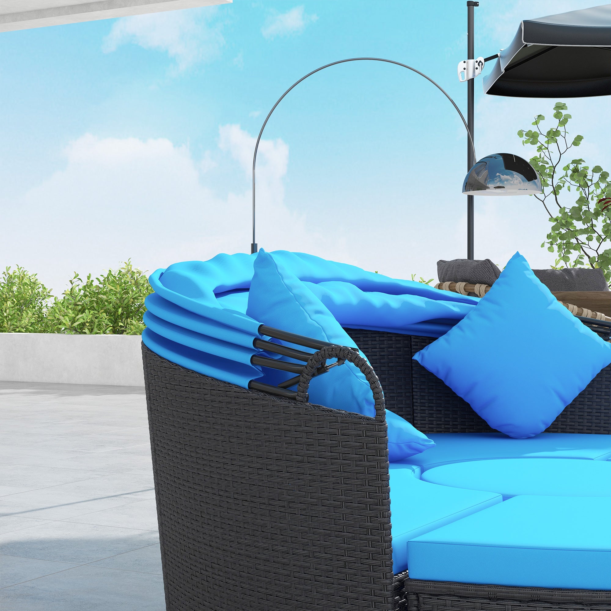 Outsunny 4 Pieces Outdoor Daybed with Retractable Canopy, PE Rattan Wicker Round Sofa Day Bed, Patio Sectional Conversation Furniture Set with Cushions and Pillows, Blue