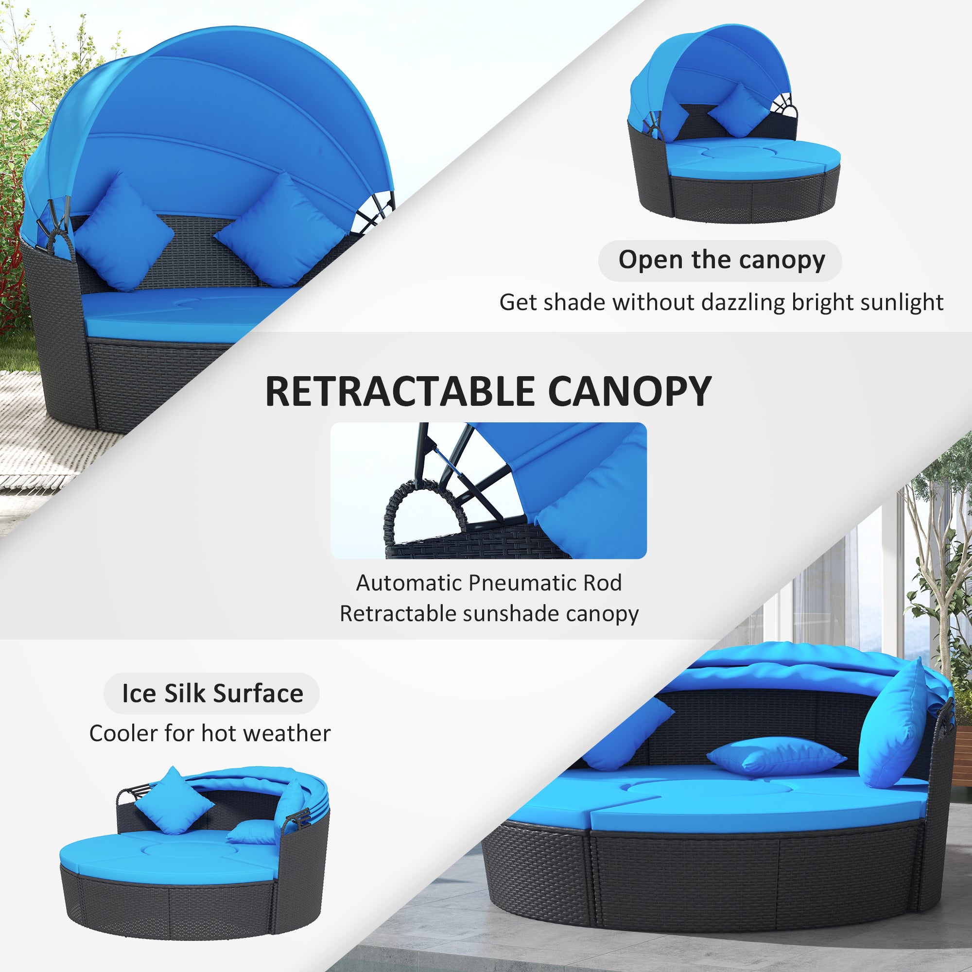 Outsunny 4 Pieces Outdoor Daybed with Retractable Canopy, PE Rattan Wicker Round Sofa Day Bed, Patio Sectional Conversation Furniture Set with Cushions and Pillows, Blue