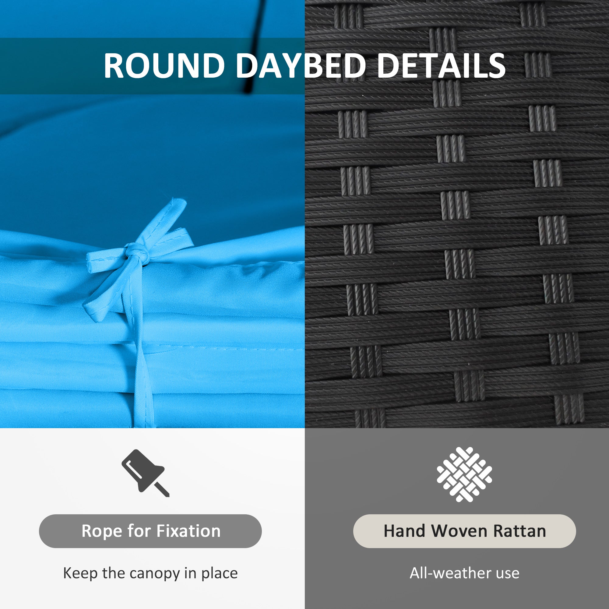 Outsunny 4 Pieces Outdoor Daybed with Retractable Canopy, PE Rattan Wicker Round Sofa Day Bed, Patio Sectional Conversation Furniture Set with Cushions and Pillows, Blue