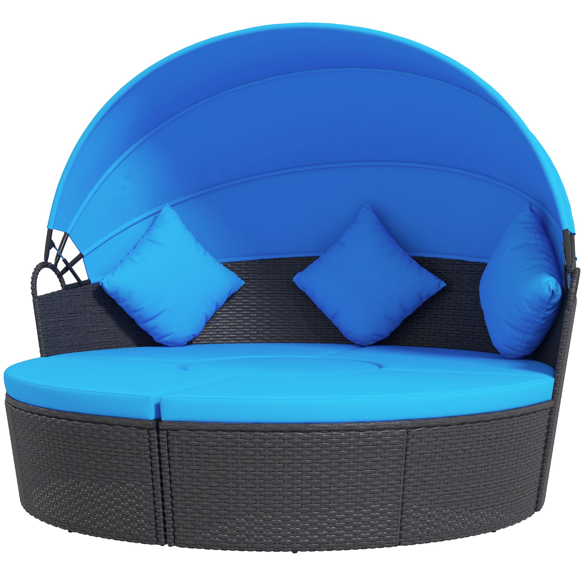 Outsunny 4 Pieces Outdoor Daybed with Retractable Canopy, PE Rattan Wicker Round Sofa Day Bed, Patio Sectional Conversation Furniture Set with Cushions and Pillows, Blue