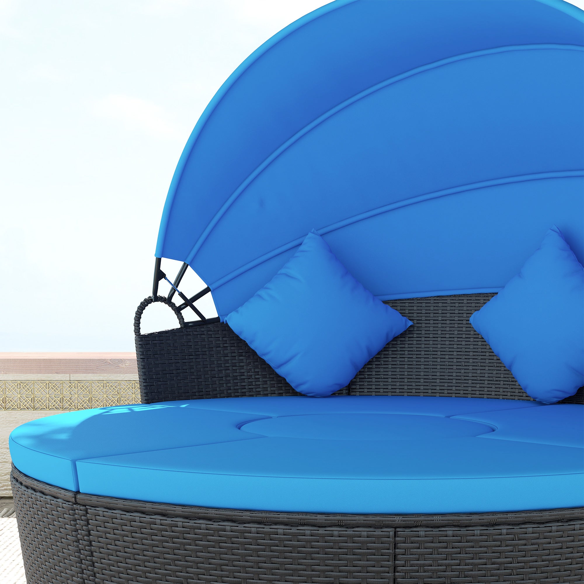 Outsunny 4 Pieces Outdoor Daybed with Retractable Canopy, PE Rattan Wicker Round Sofa Day Bed, Patio Sectional Conversation Furniture Set with Cushions and Pillows, Blue