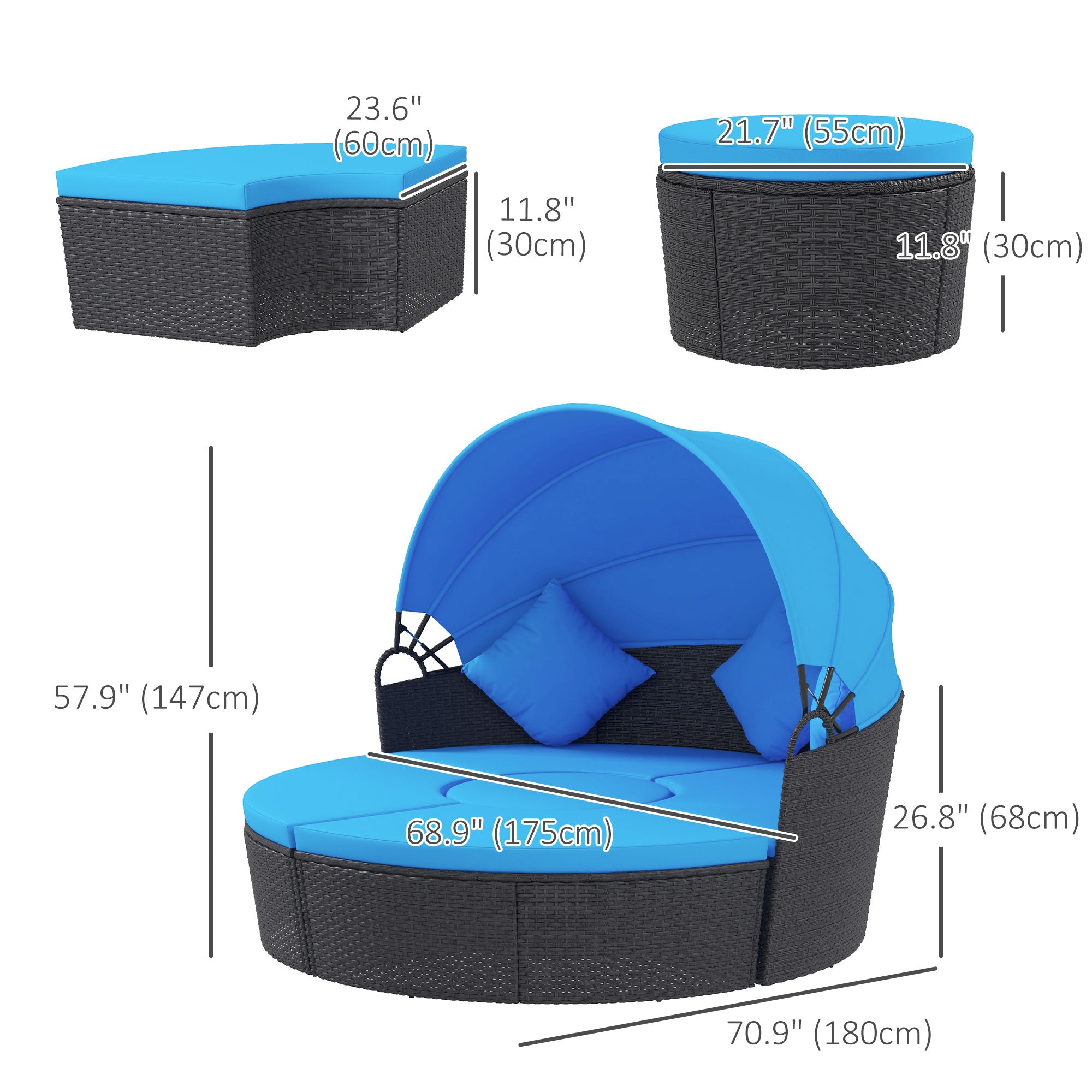 Outsunny 4 Pieces Outdoor Daybed with Retractable Canopy, PE Rattan Wicker Round Sofa Day Bed, Patio Sectional Conversation Furniture Set with Cushions and Pillows, Blue