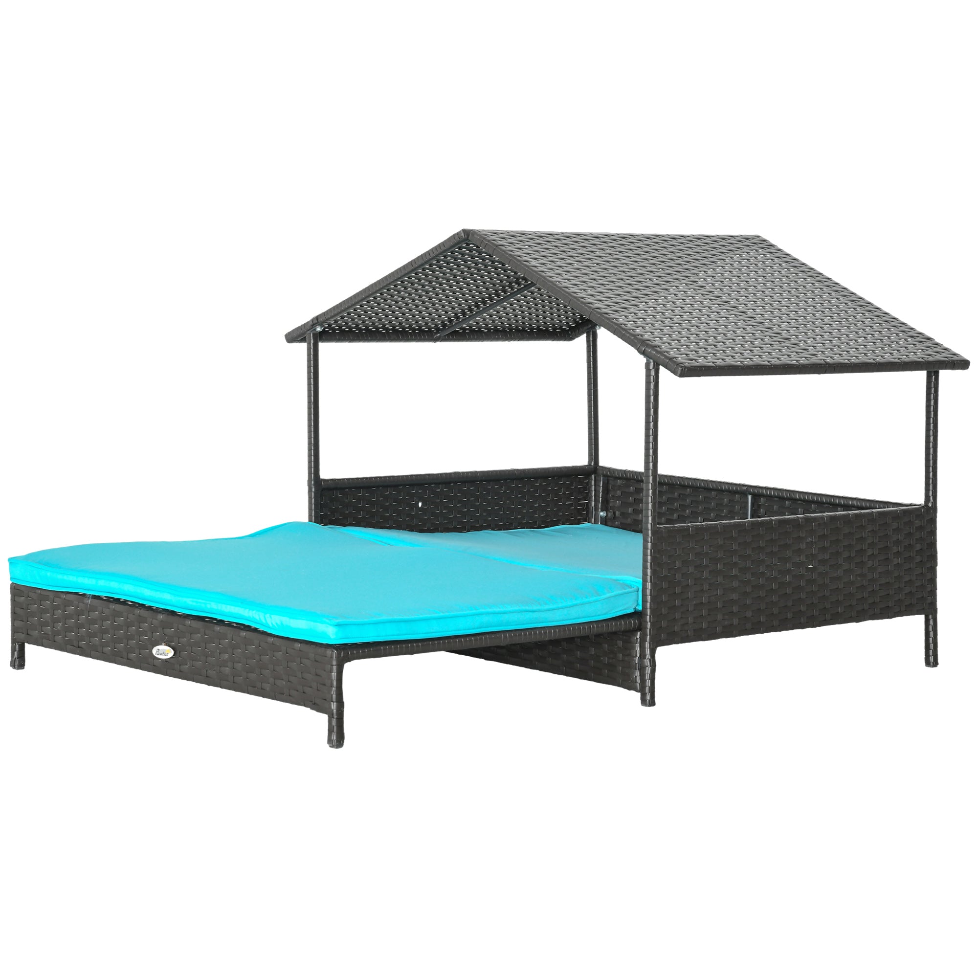 PawHut Elevated Rattan Dog House Outdoor with Canopy, Extendable Wicker Dog Bed with Water-Resistant Cushion, for Small and Medium Dogs Blue