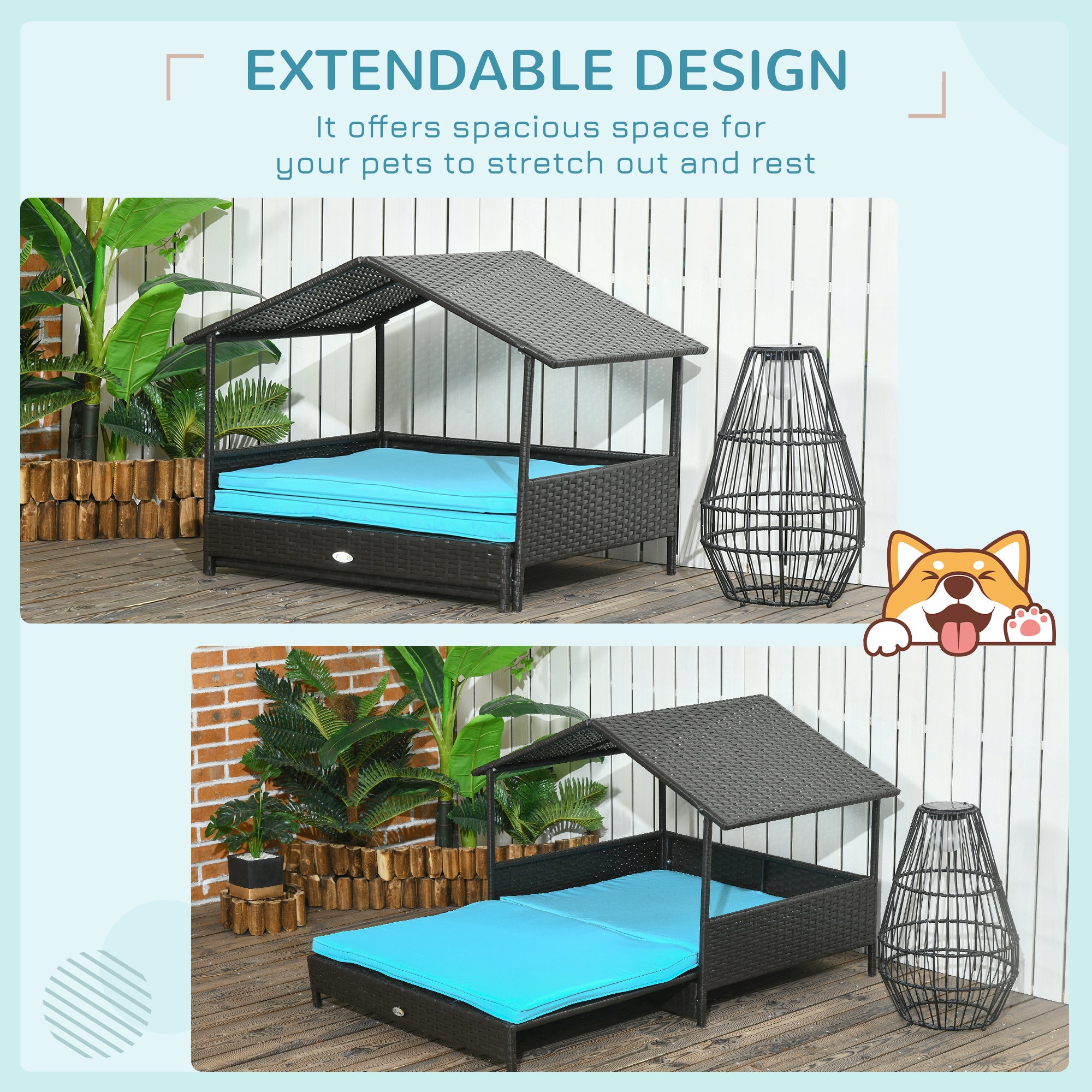 PawHut Elevated Rattan Dog House Outdoor with Canopy, Extendable Wicker Dog Bed with Water-Resistant Cushion, for Small and Medium Dogs Blue
