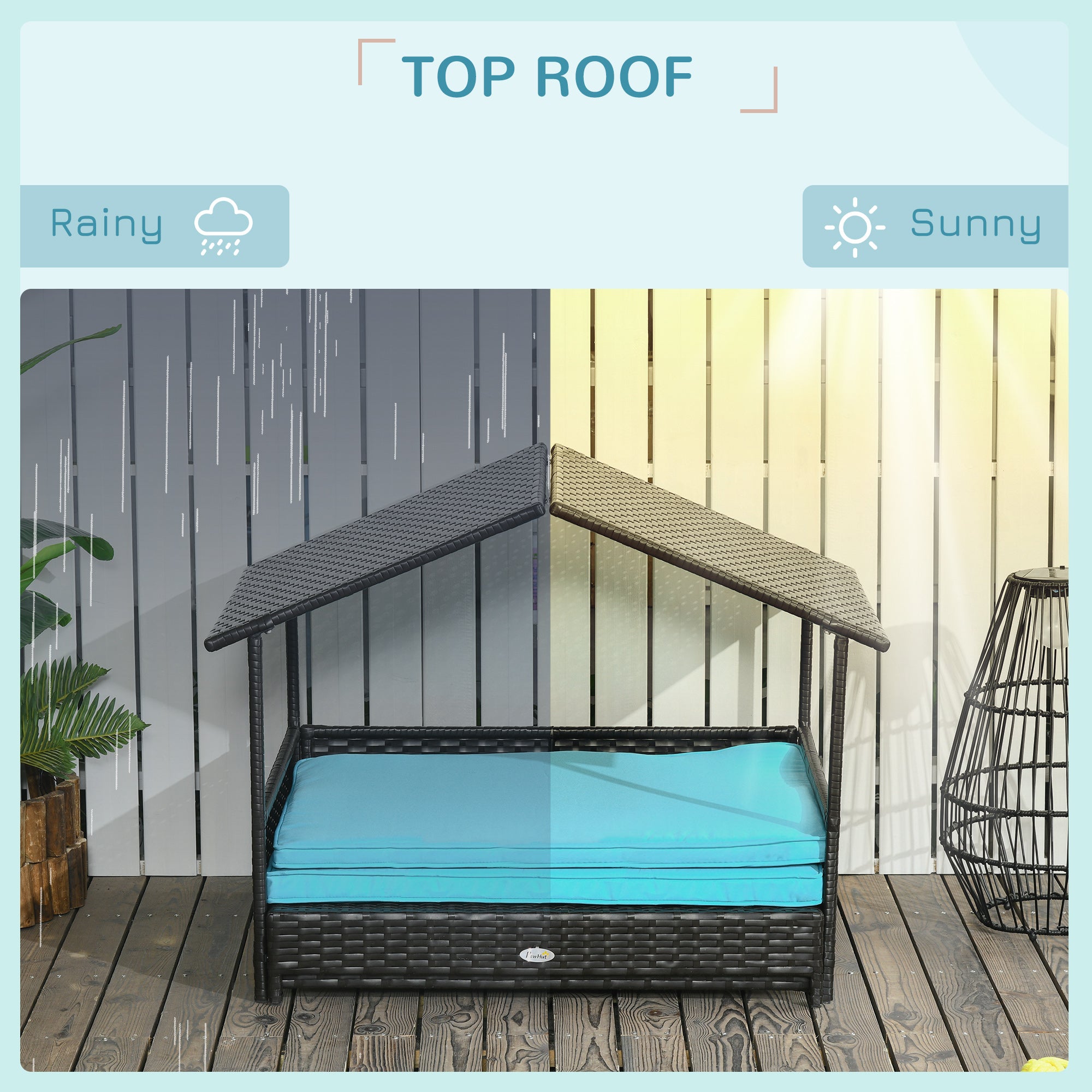 PawHut Elevated Rattan Dog House Outdoor with Canopy, Extendable Wicker Dog Bed with Water-Resistant Cushion, for Small and Medium Dogs Blue