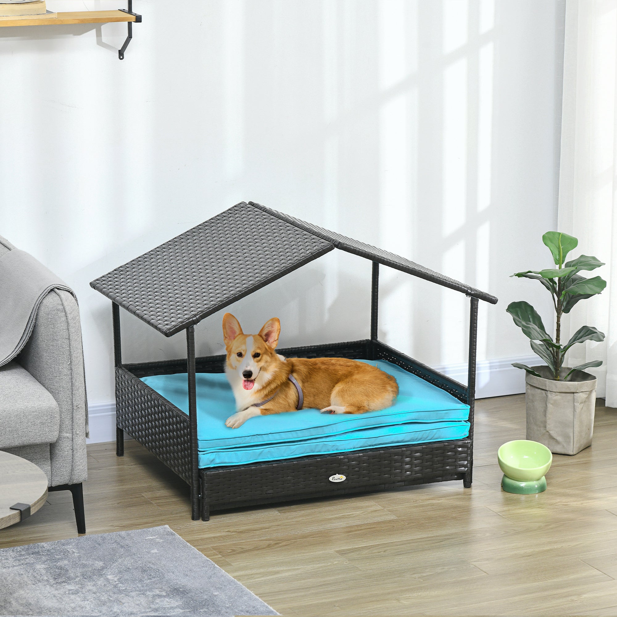 PawHut Elevated Rattan Dog House Outdoor with Canopy, Extendable Wicker Dog Bed with Water-Resistant Cushion, for Small and Medium Dogs Blue