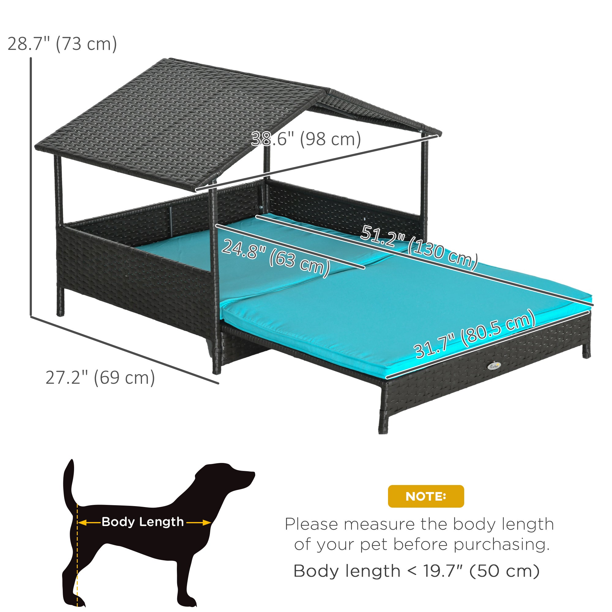 PawHut Elevated Rattan Dog House Outdoor with Canopy, Extendable Wicker Dog Bed with Water-Resistant Cushion, for Small and Medium Dogs Blue