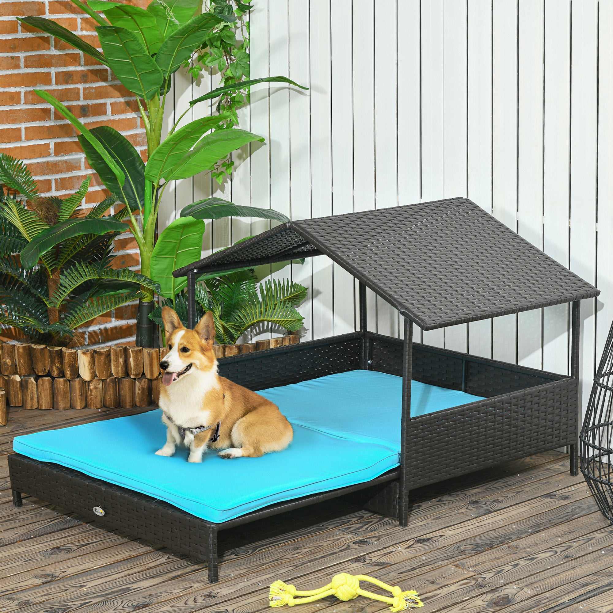 PawHut Elevated Rattan Dog House Outdoor with Canopy, Extendable Wicker Dog Bed with Water-Resistant Cushion, for Small and Medium Dogs Blue