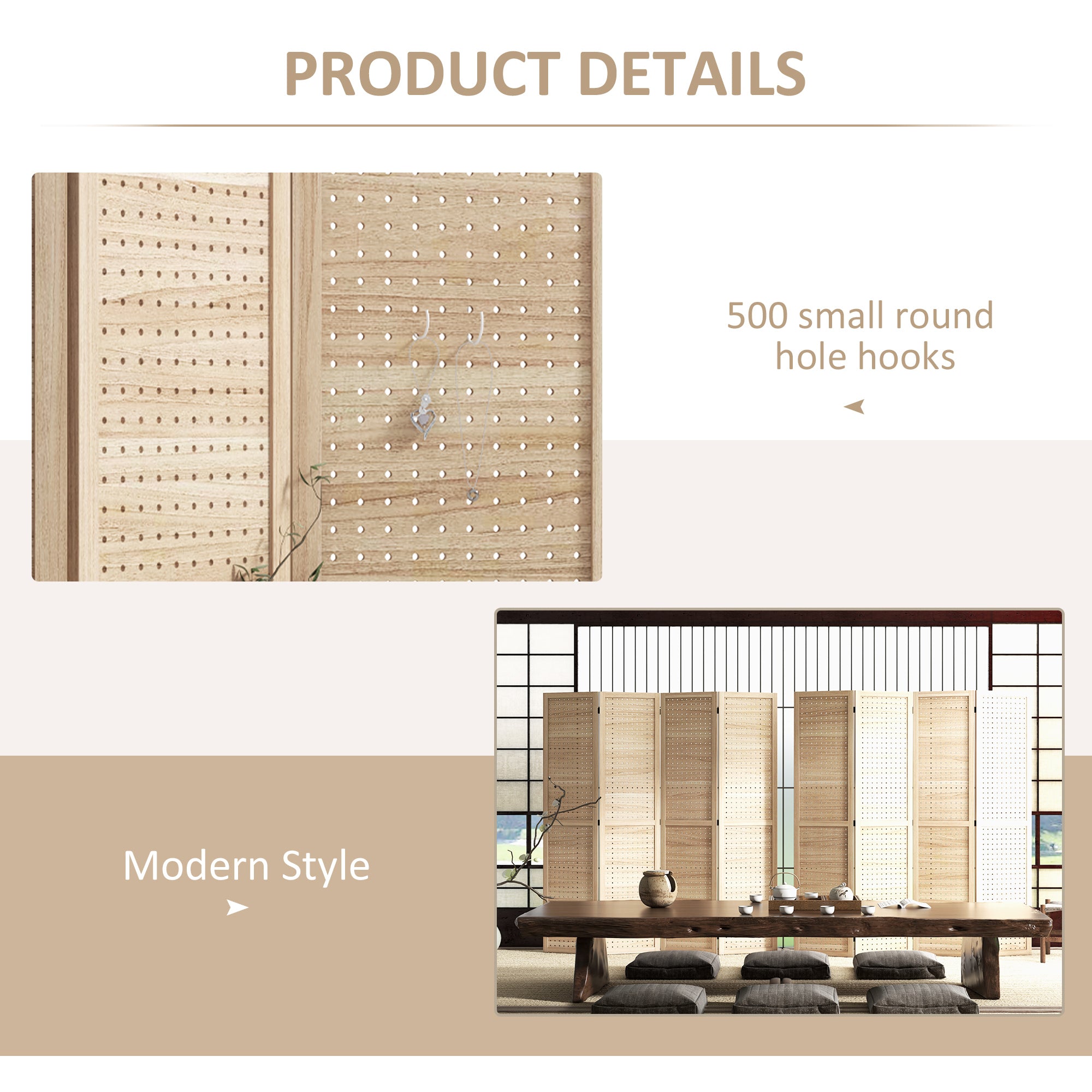 HOMCOM 5.6 Ft. Tall 4-Panel Room Divider, Pegboard Panel Freestanding Folding Privacy Screen Panels, Partition Wall Divider for Indoor Bedroom Office, Natural